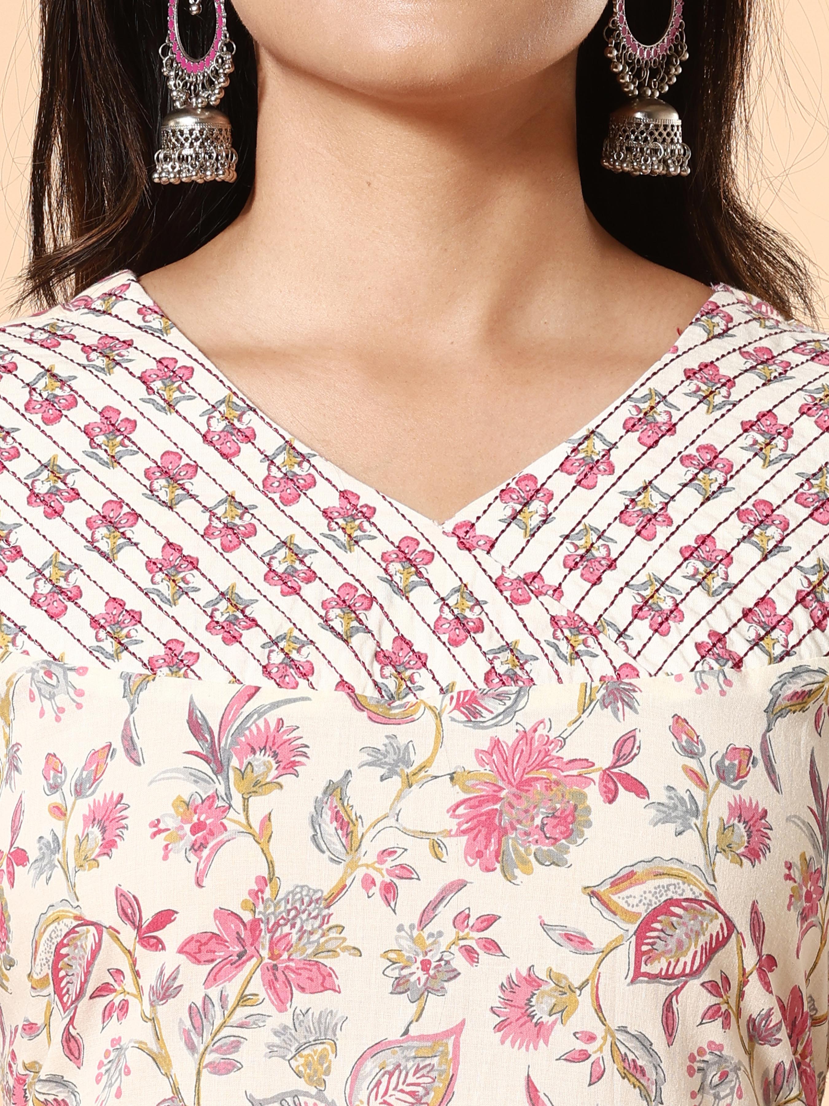Pink Pure Cotton Printed Kurti With Embroidery
