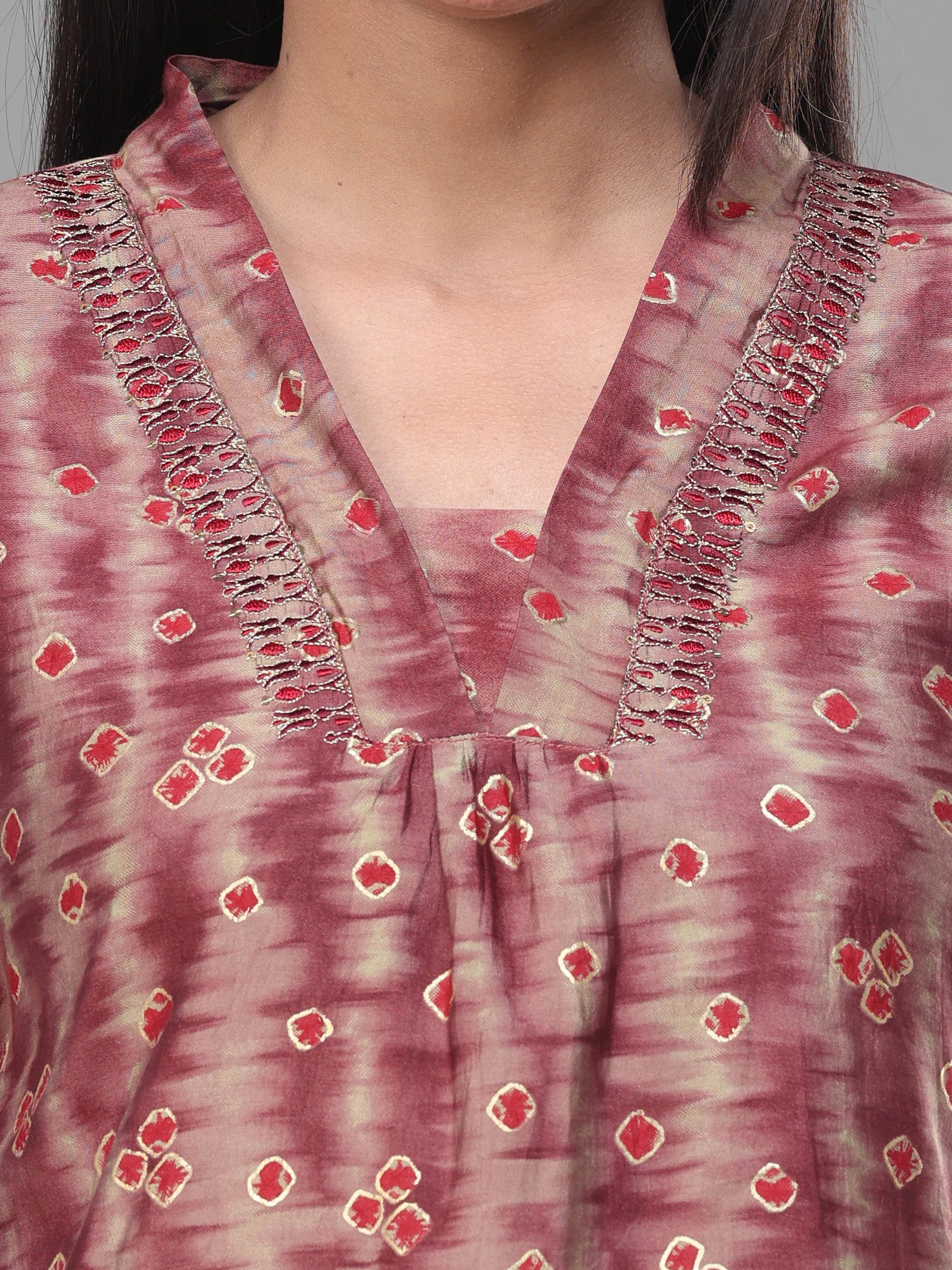 Meroon Modal Chanderi Kurti With Embroidery