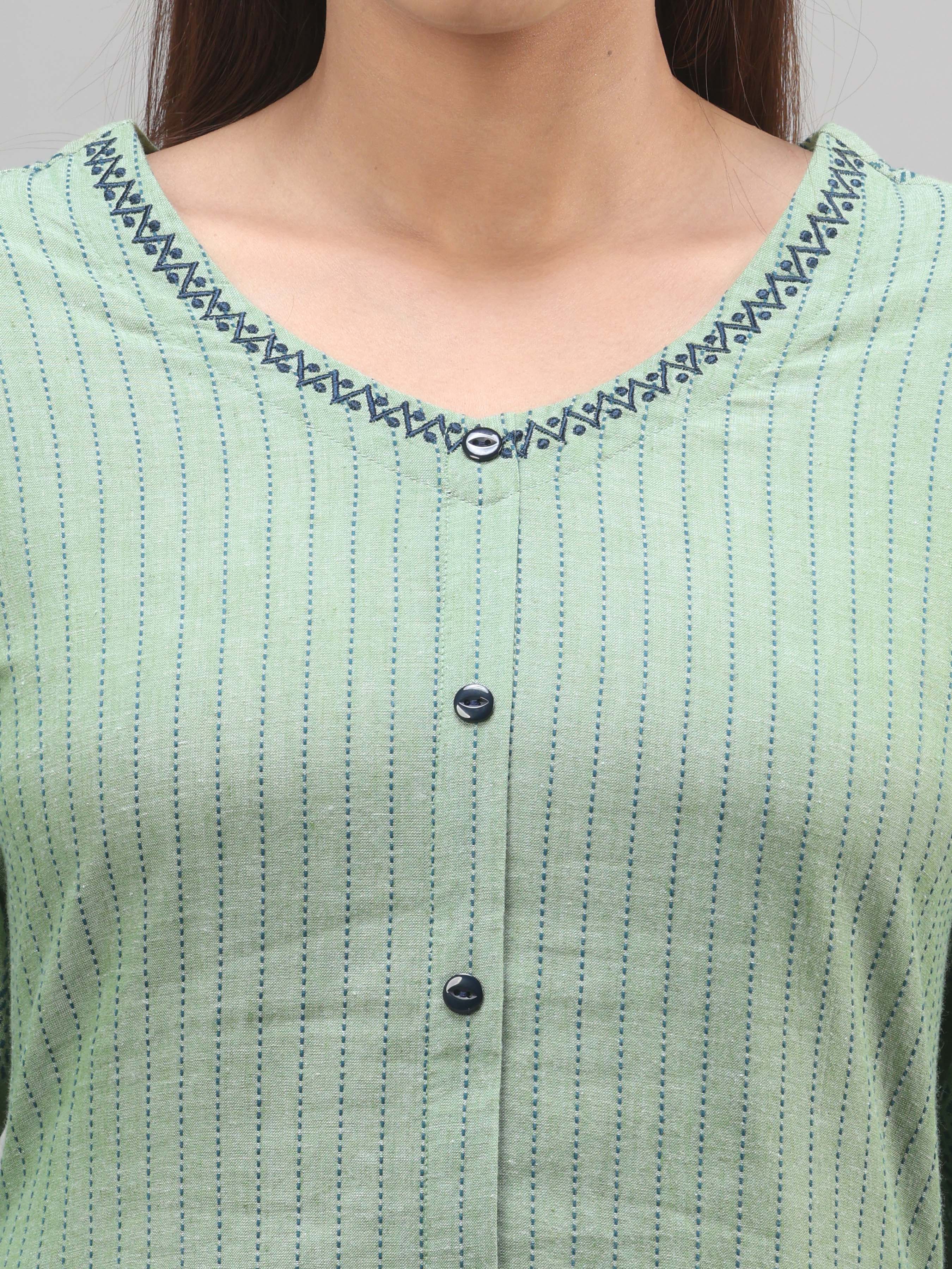 Sage Green Cotton Dobby Kurti With Embroidery