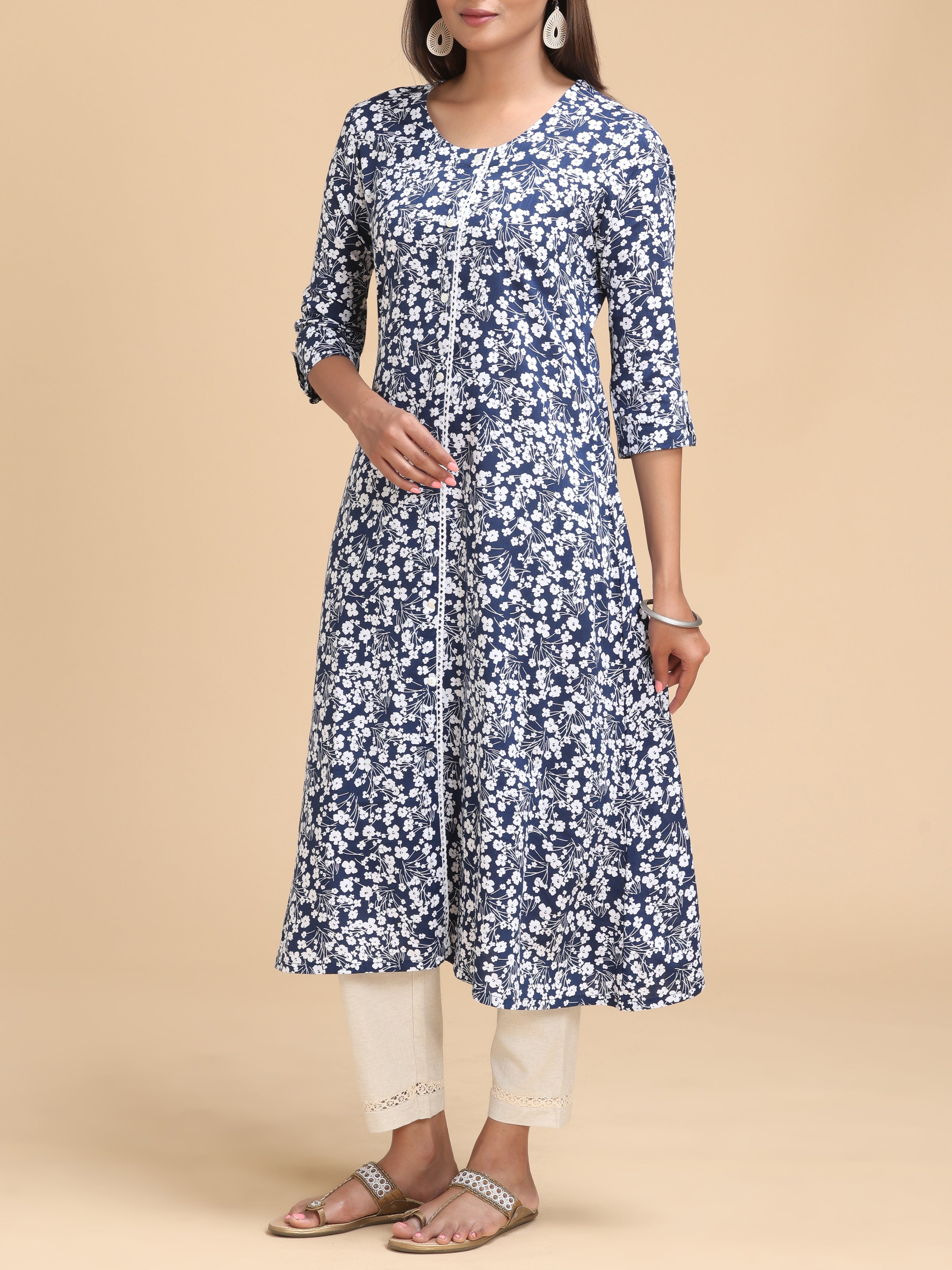 Midnight Blue Viscose Slub Kurti With Floral Print