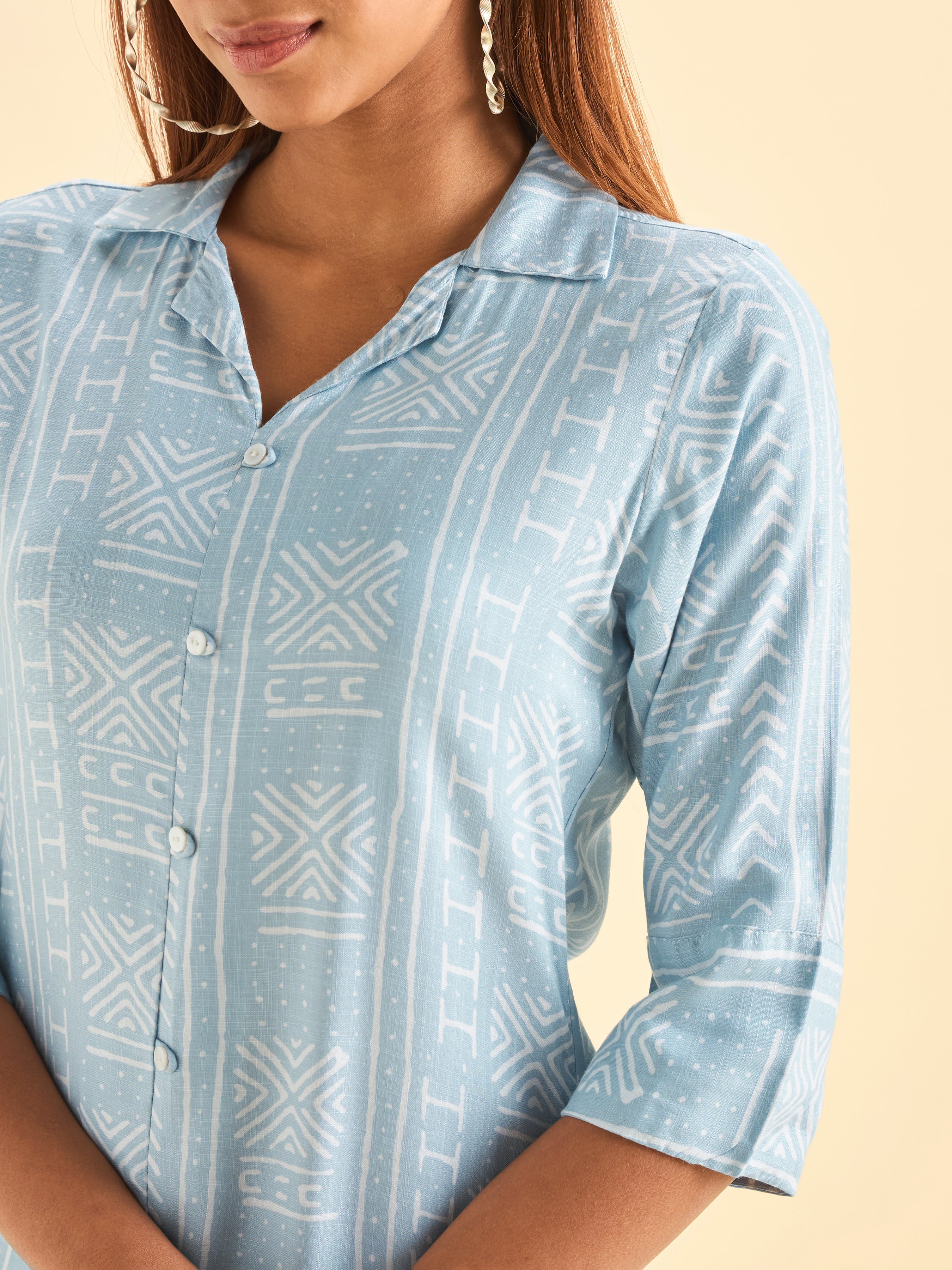 Denim Blue Ivory Tencel Printed Kurti