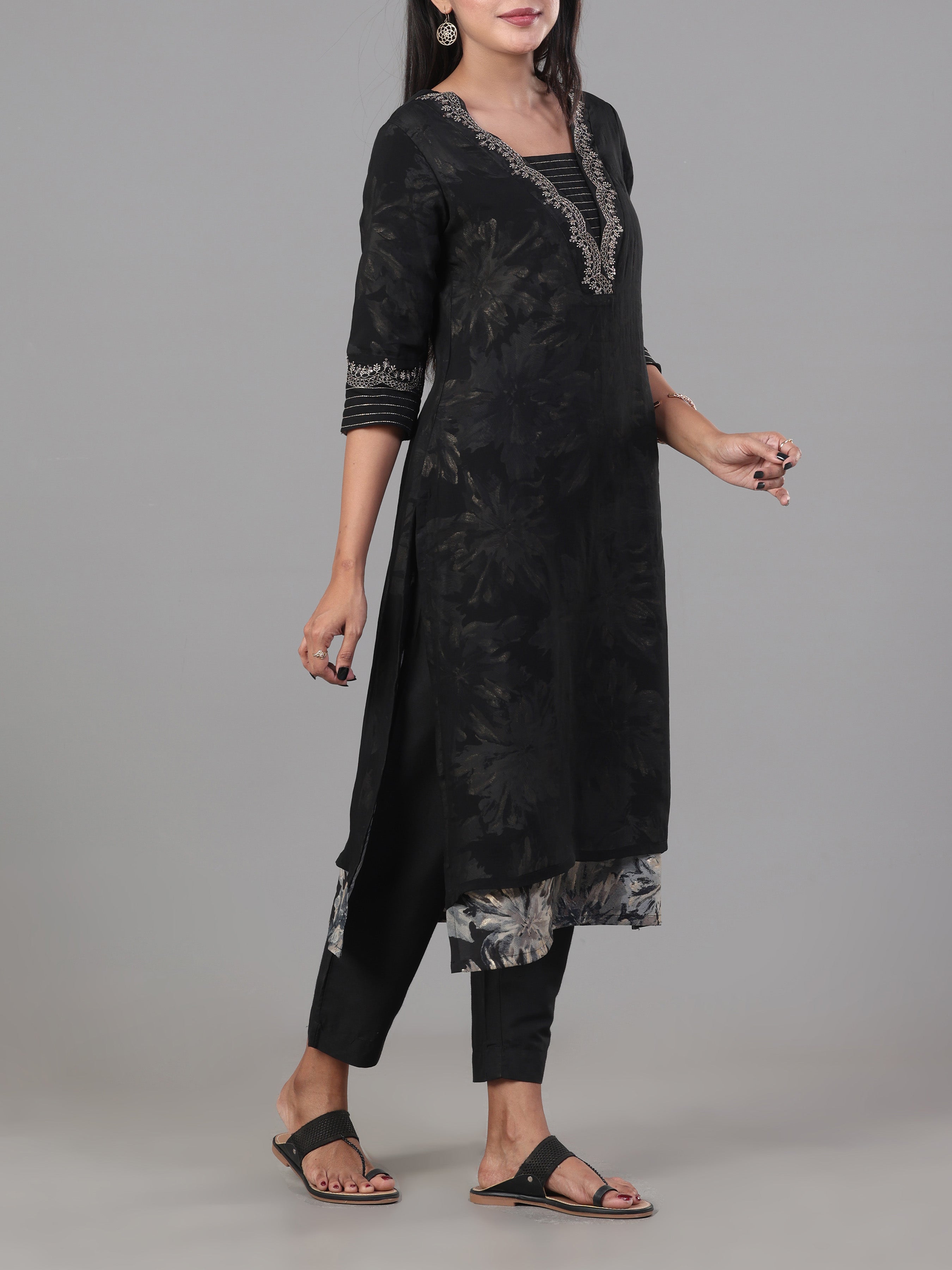 Black Modal Chanderi Printed Kurti With Embroidery