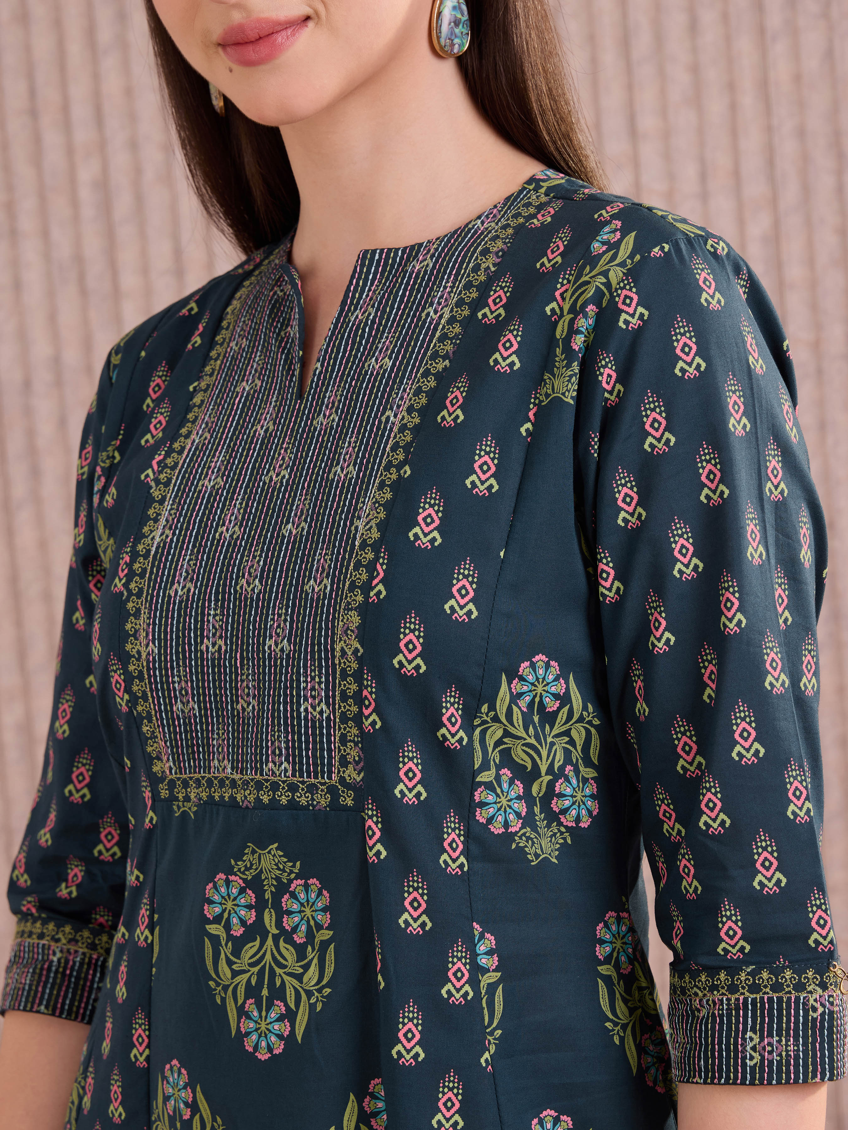 Navy Blue Cotton Printed Flared Kali Cut Kurti With Embroidery