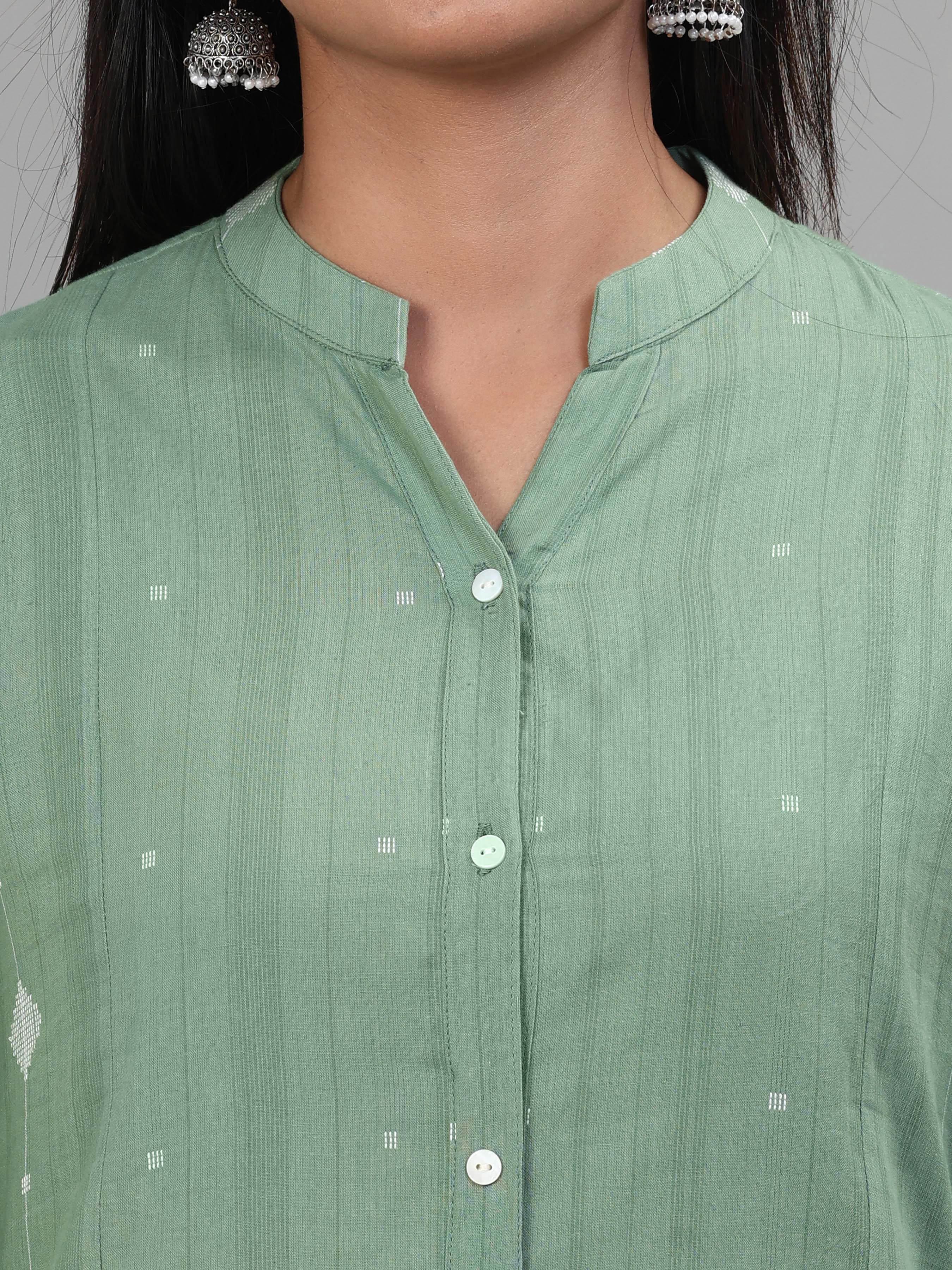 Mint Green Cotton Dobby Kurti With Embroidery