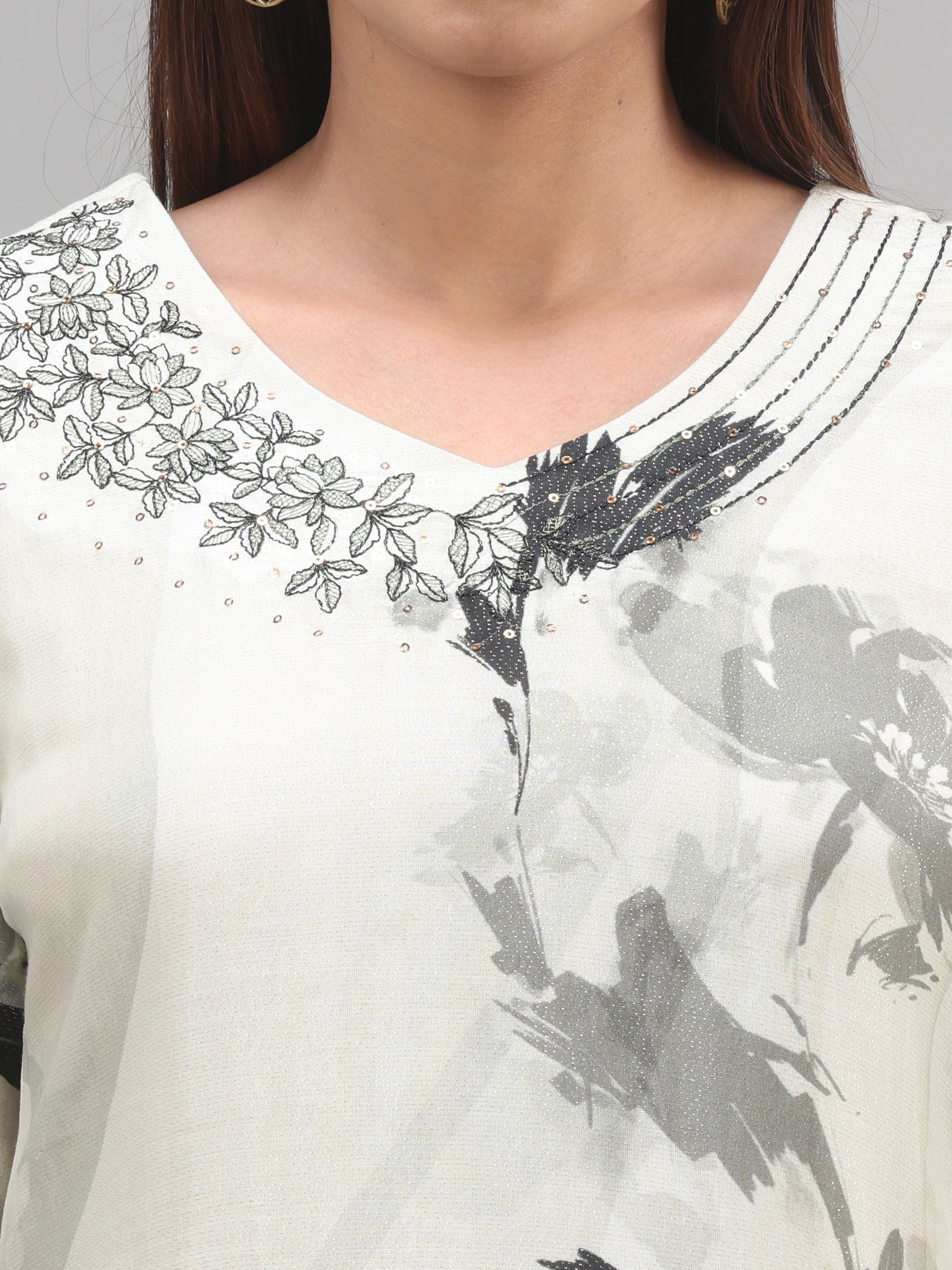 Pista Green Muslin Lurex Printed Kurti With Sequins Work And Matching Bottom