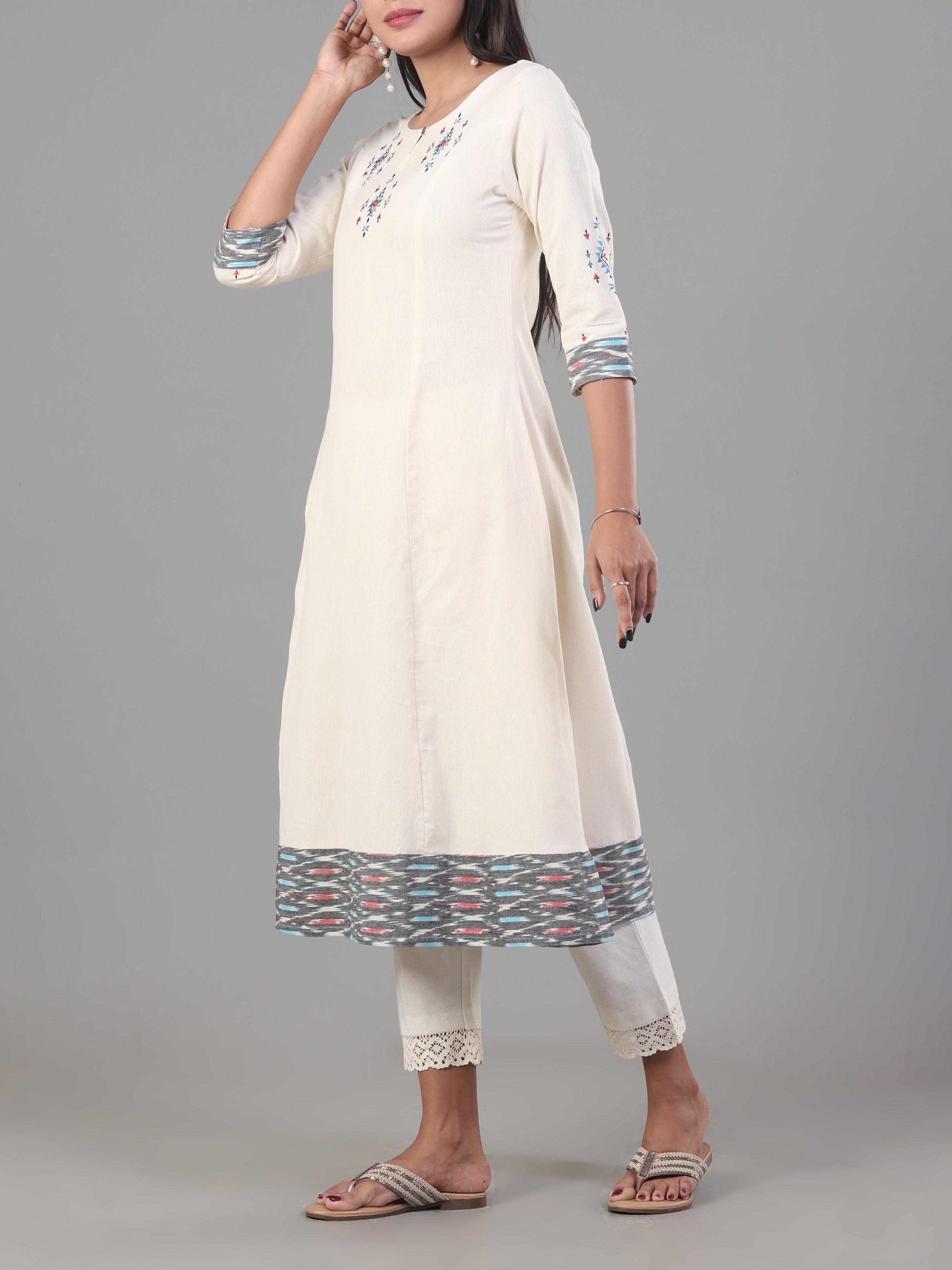Ivory Cotton Flax Printed Kurti With Embroidery