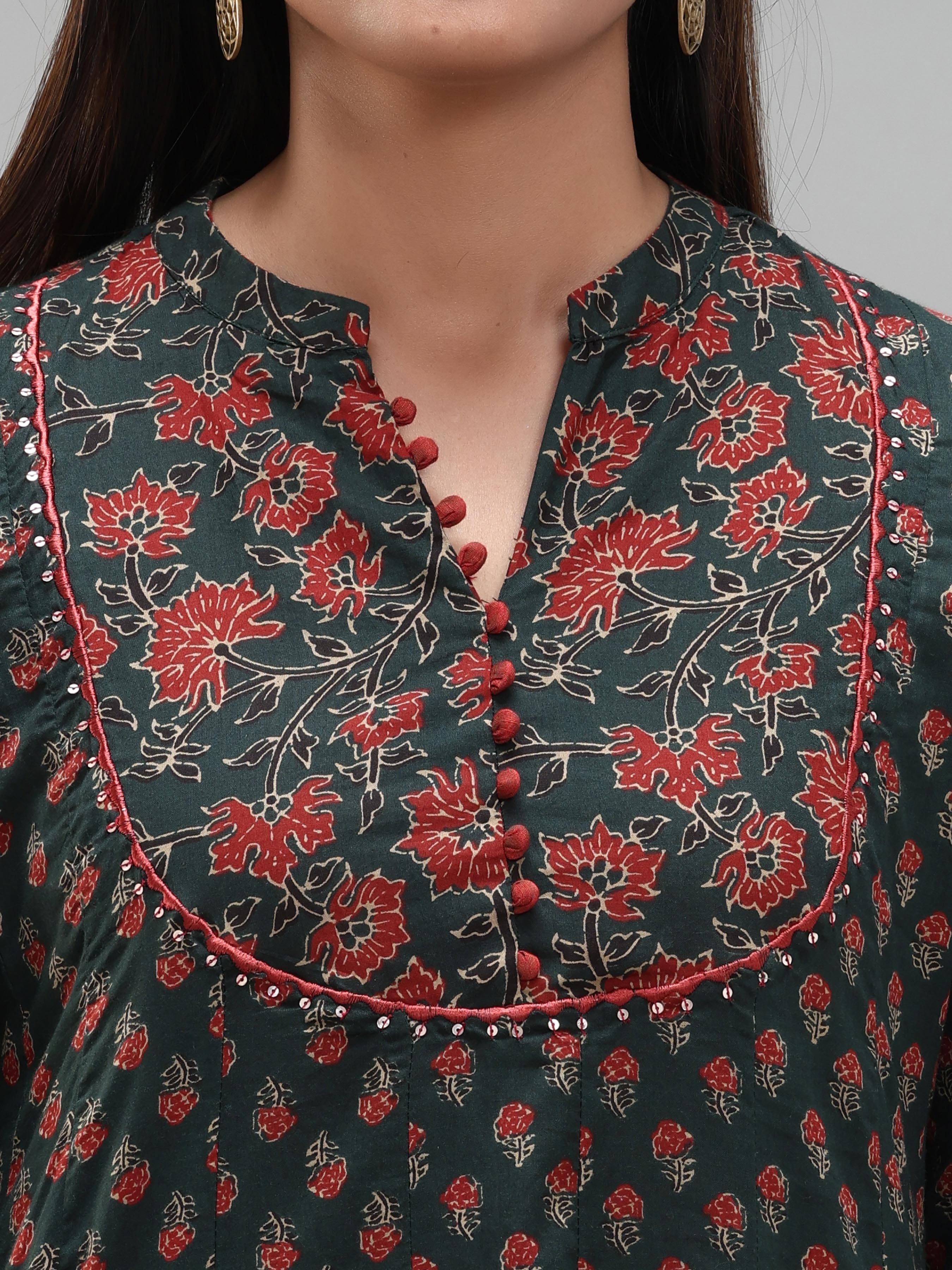 Multi Colour Pure Cotton Kurti With Print And Embroidery