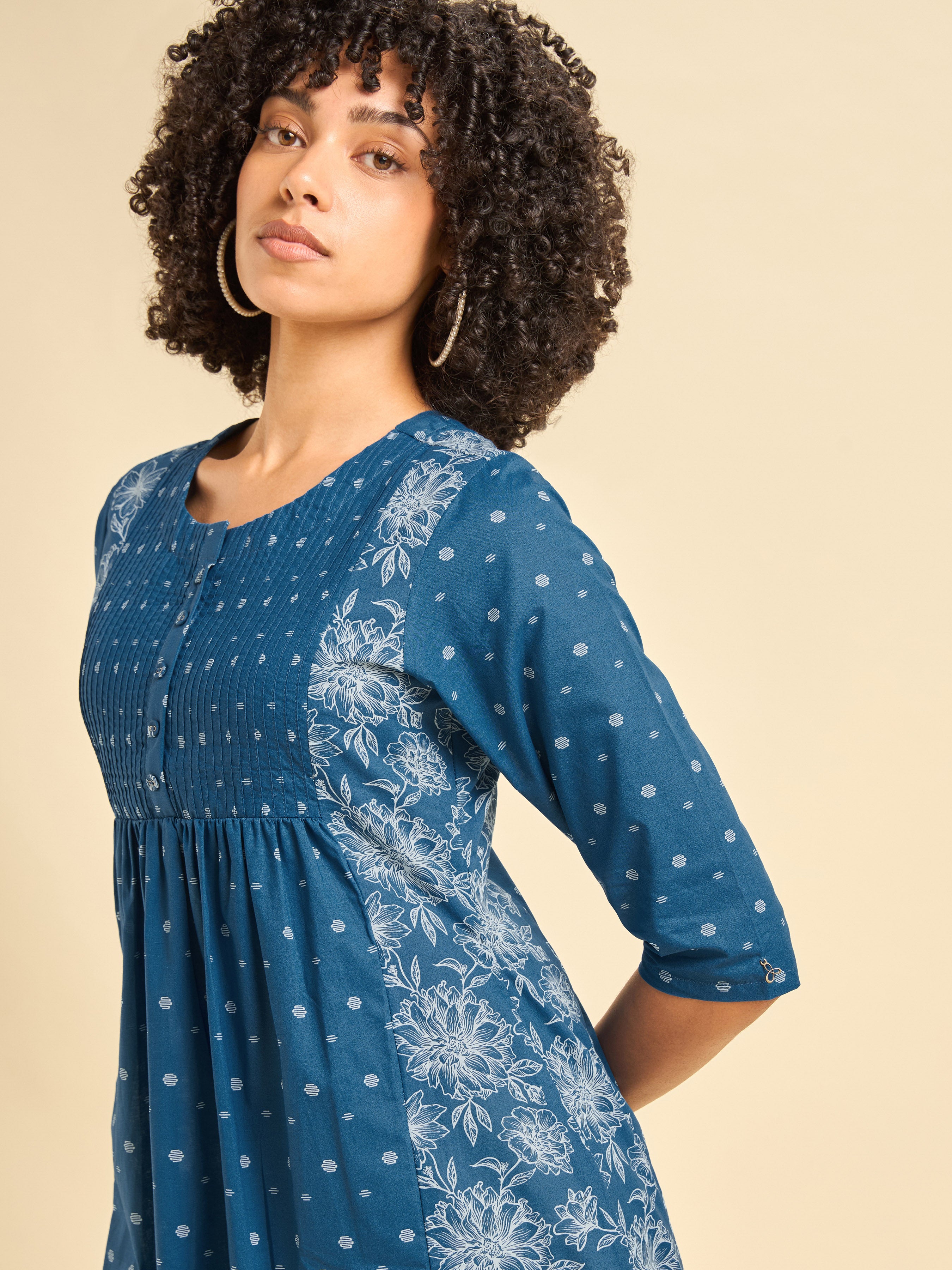 Royal Blue Cotton Printed Flared Kurti