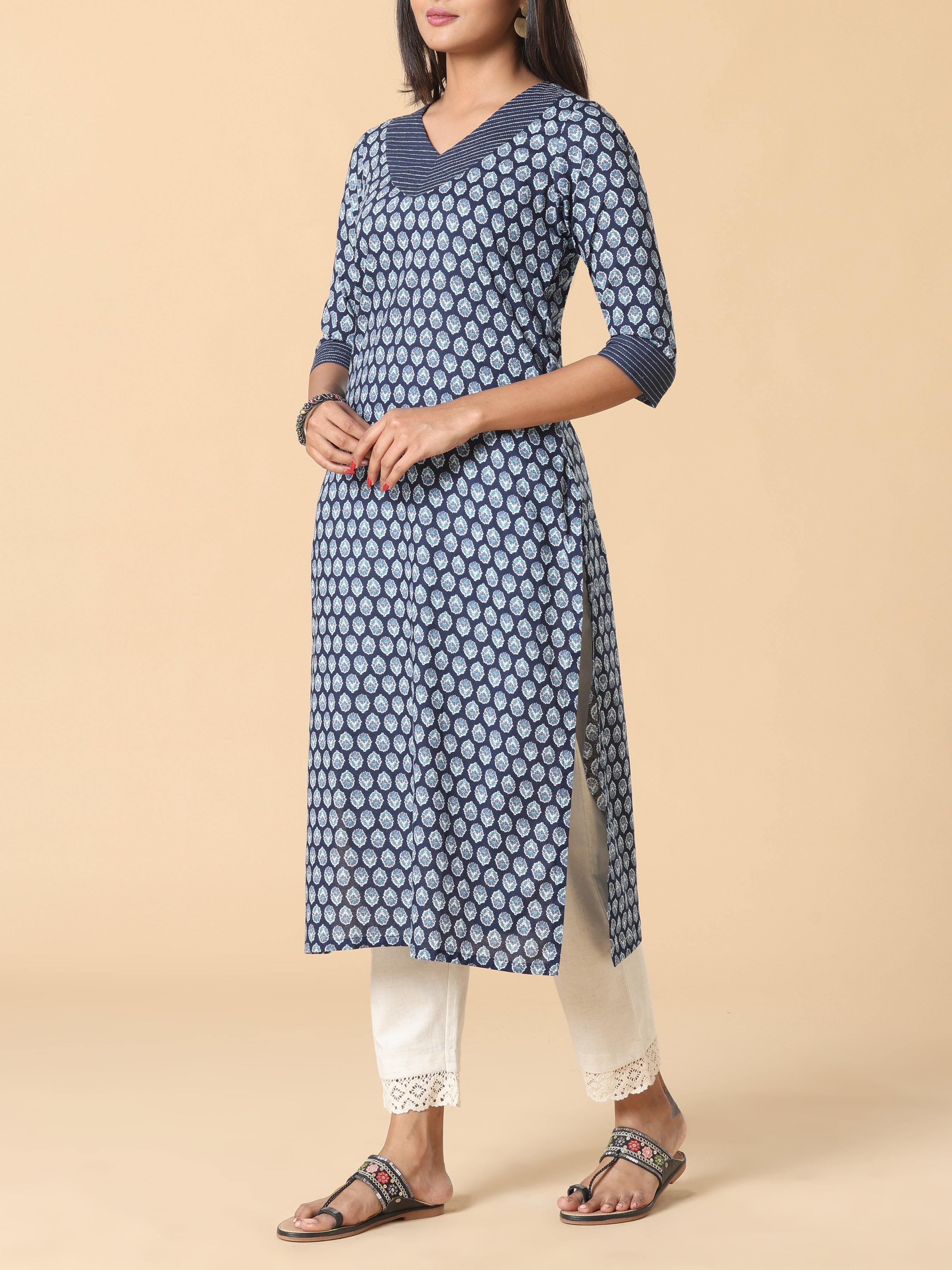 Navy Blue Pure Cotton Kurti With Embroidery