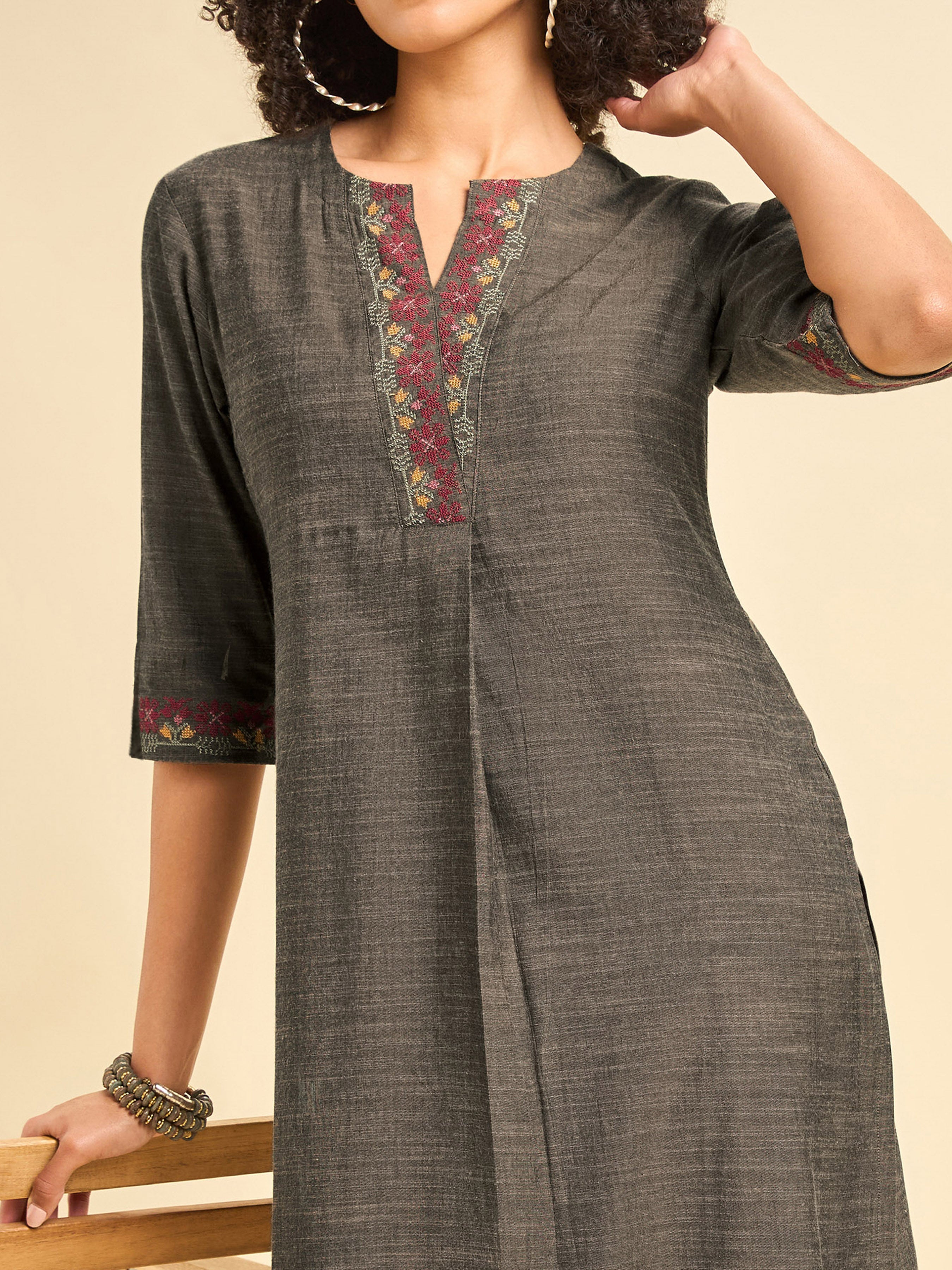 Dark Grey Cotton Viscose Kurti With Cross Stitch Embroidery