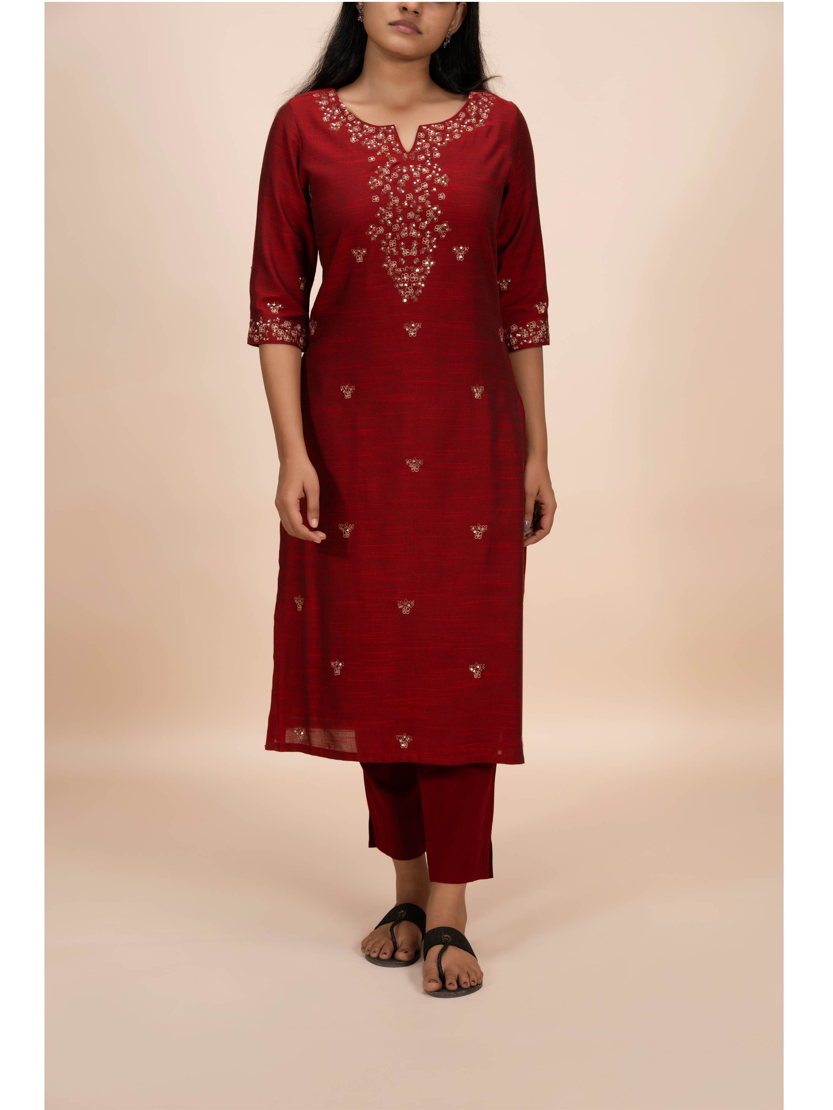 Red Cotton Viscose Kurti With Embroidery