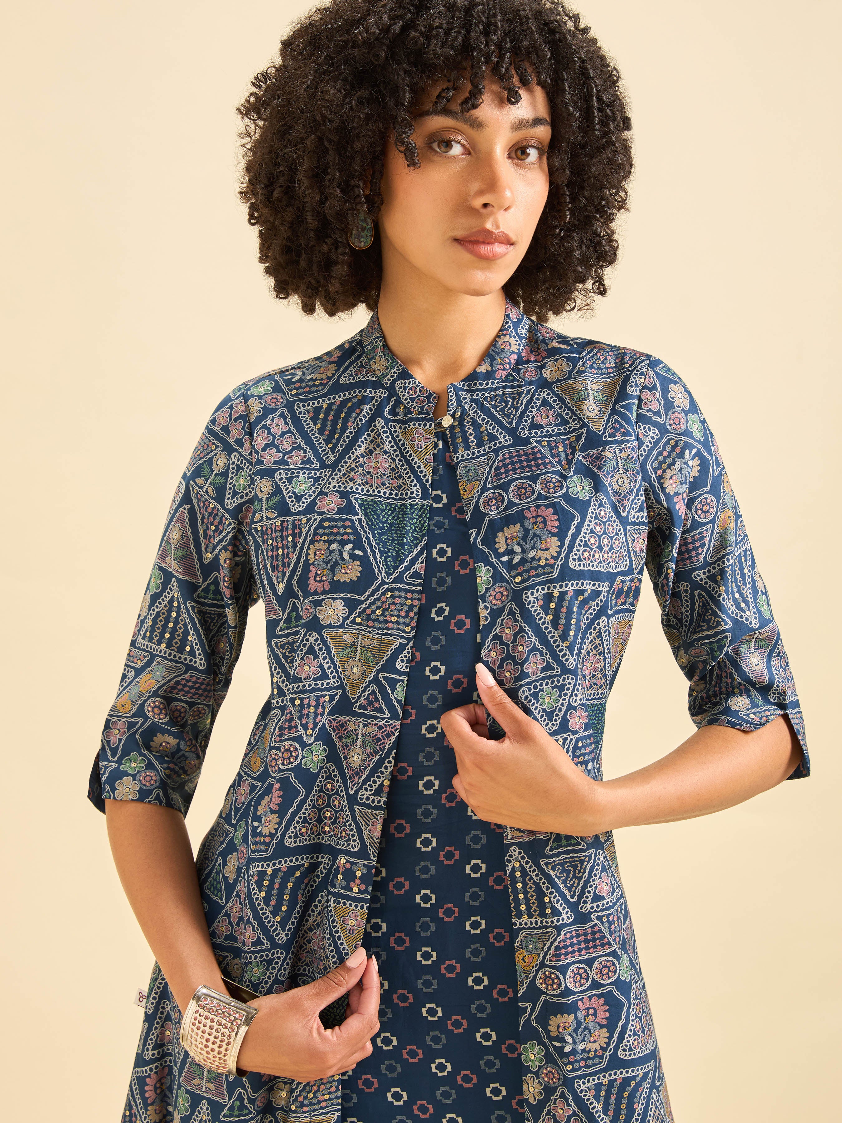 Navy Blue Multi Viscose Blend Printed Flared Kurti.