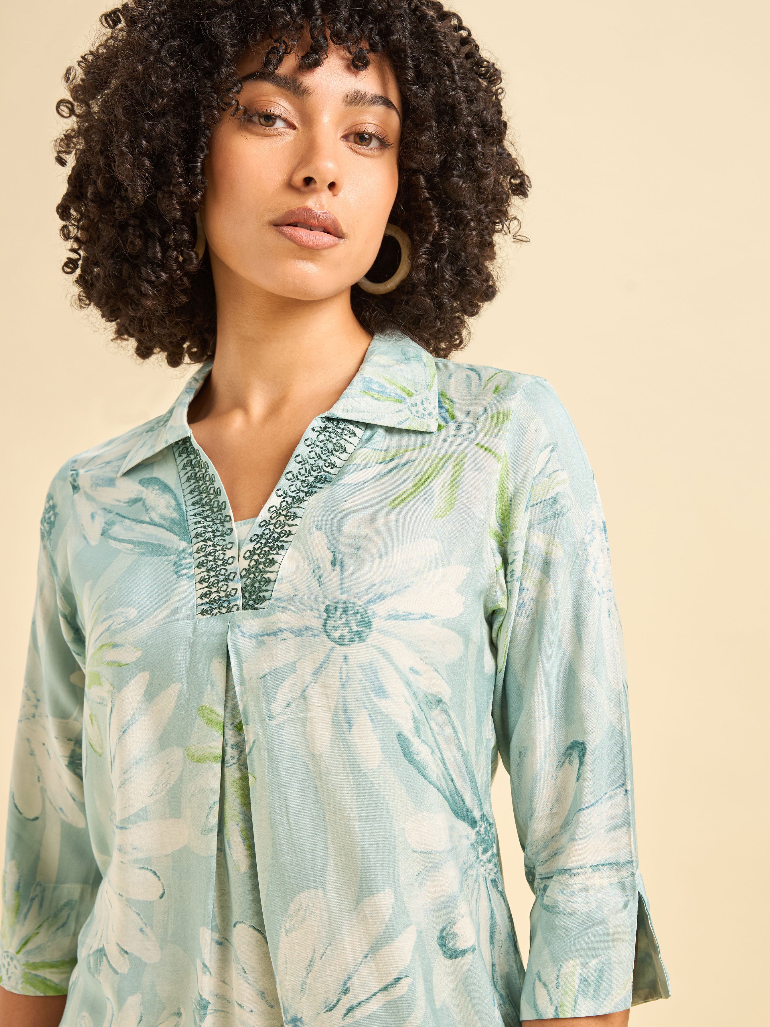 Light Blue Muslin Printed Kurti With Embroidery