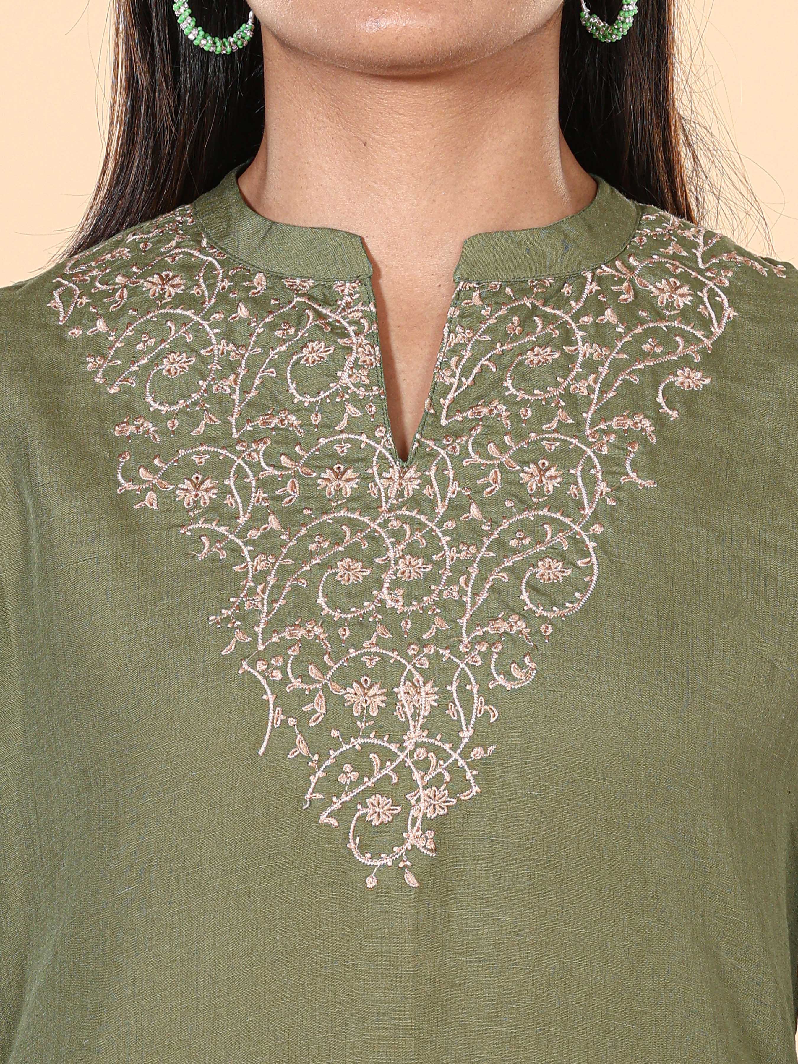 Olive Green Linen Embroidered Kurti With Bottom