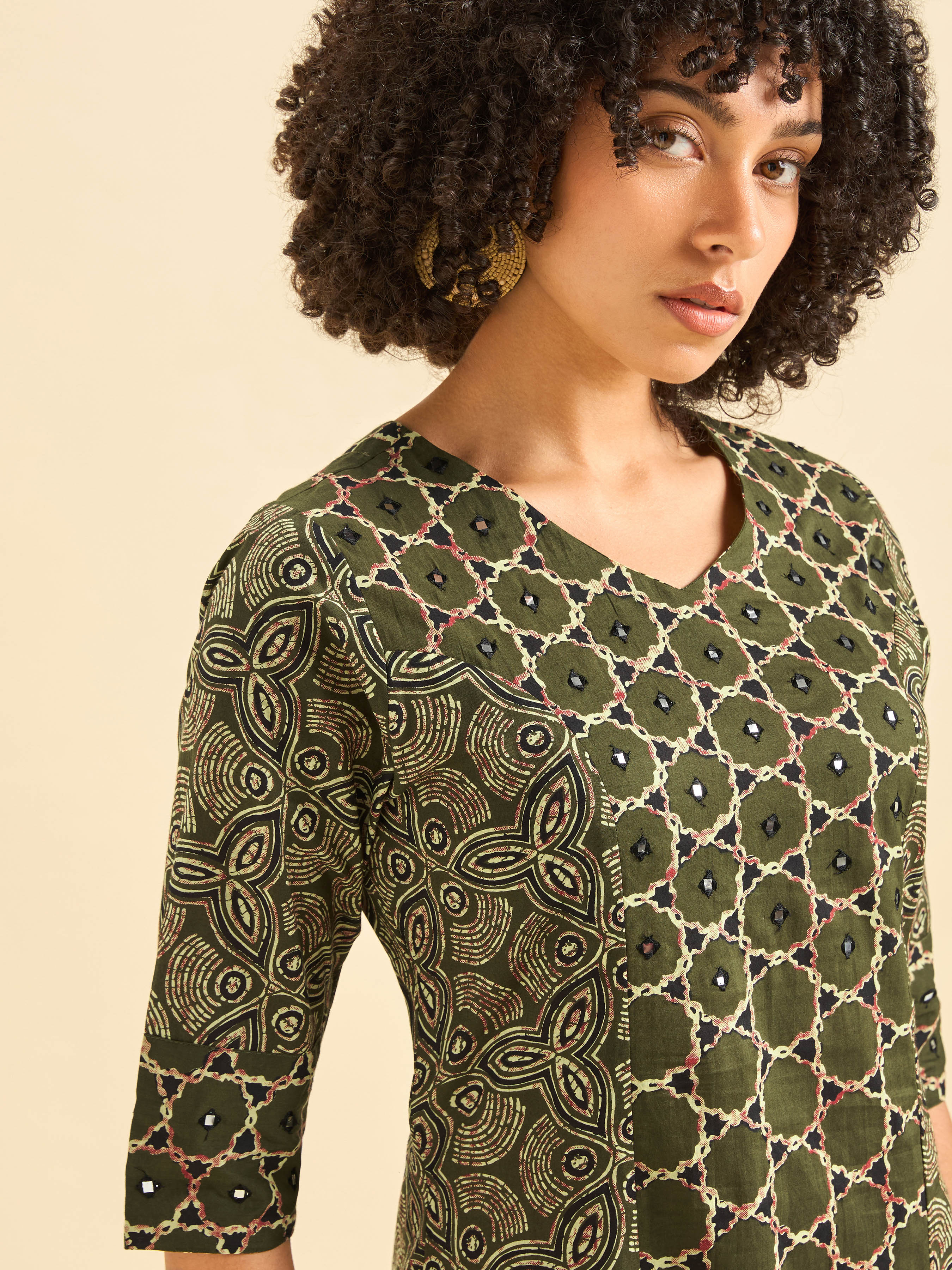 Olive Green Pure Cotton Printed Kurti With Mirror Work