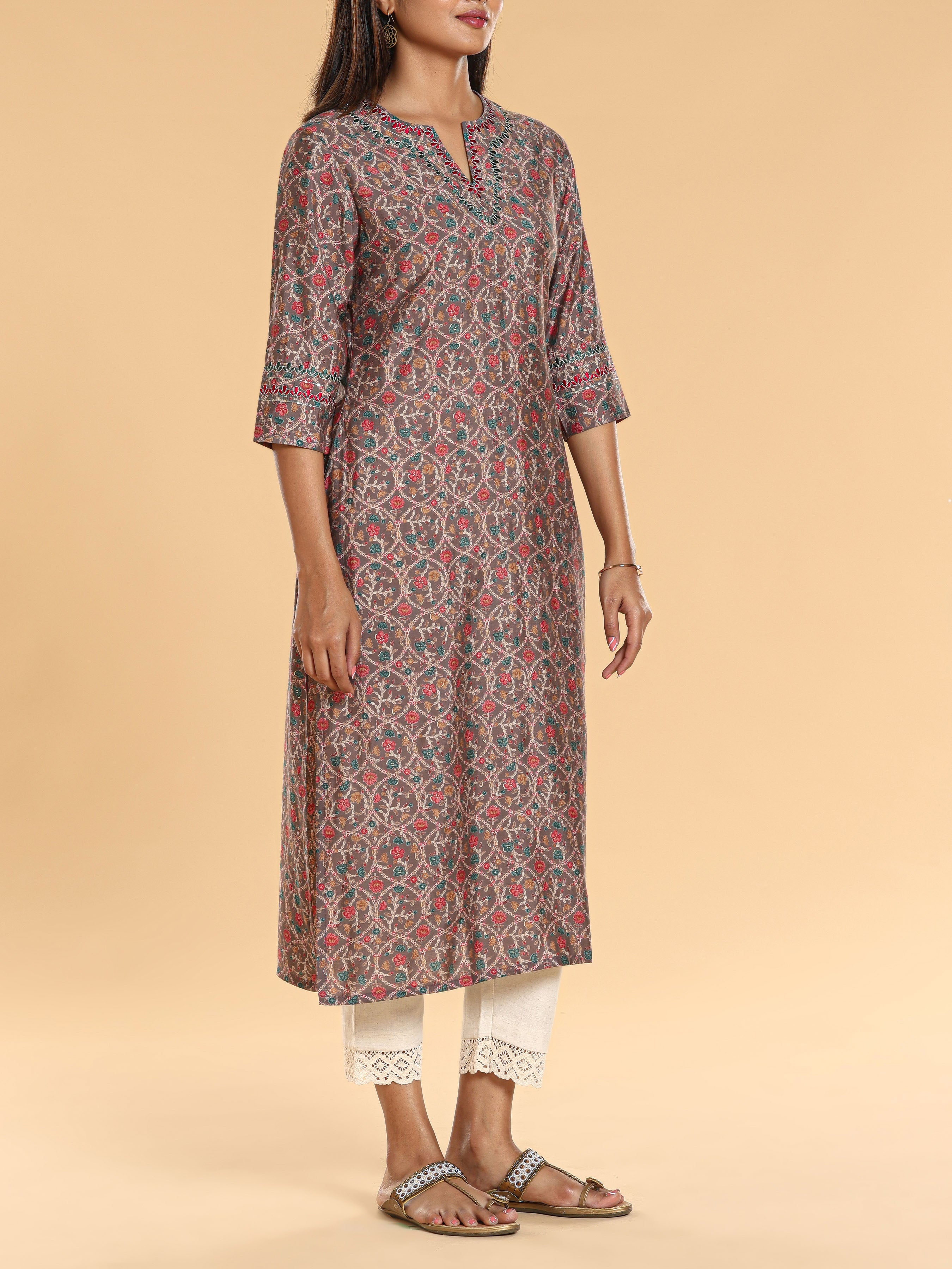 Multi-Color Modal Chanderi Printed Kurti With Embroidery