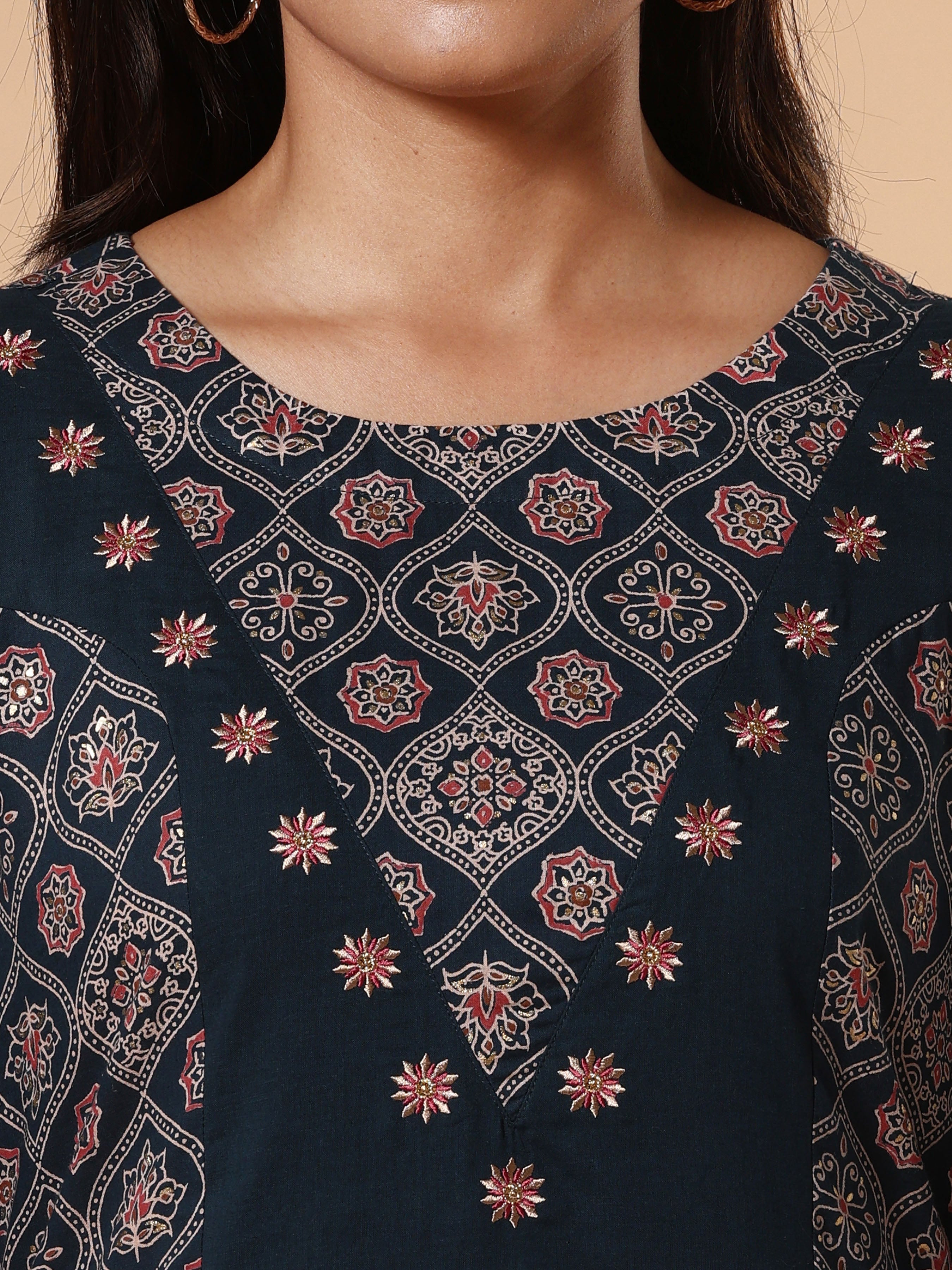 Navy Blue Cotton Dobby Printed Kurti With Embroidery