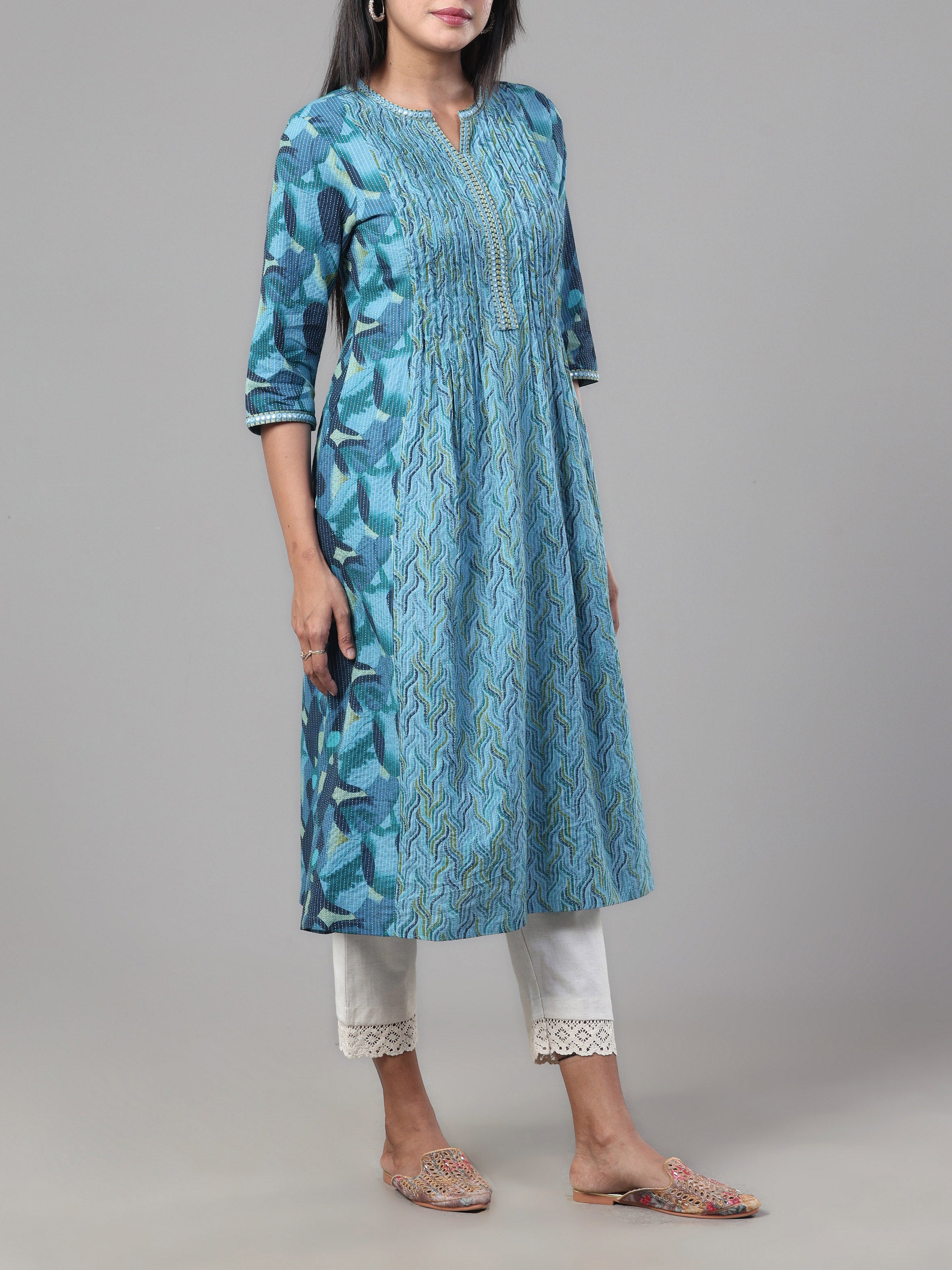 Multi Colour Pure Cotton Katha Printed Kurti