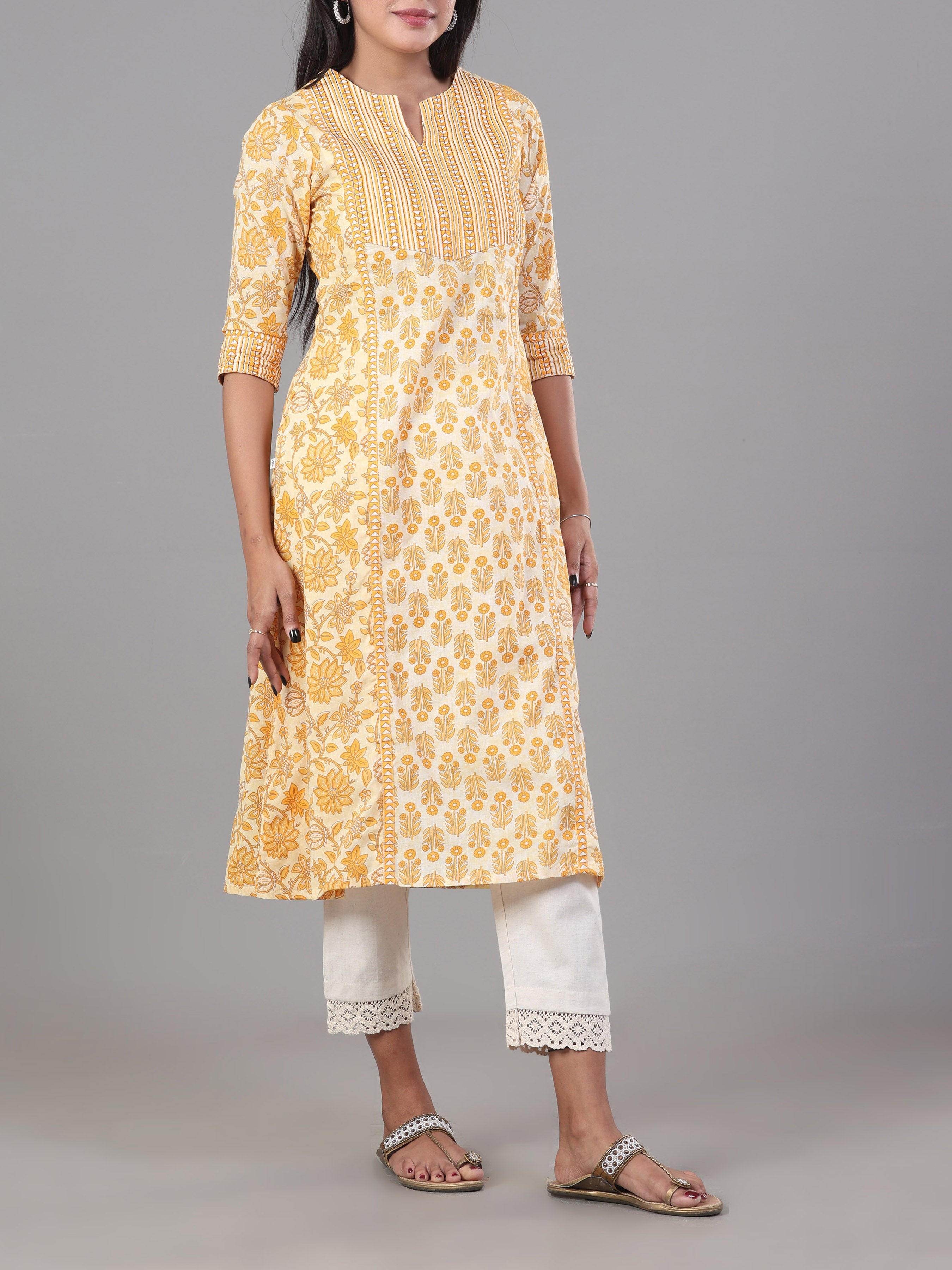 White Pure Cotton Printed Kurti With Embroidery