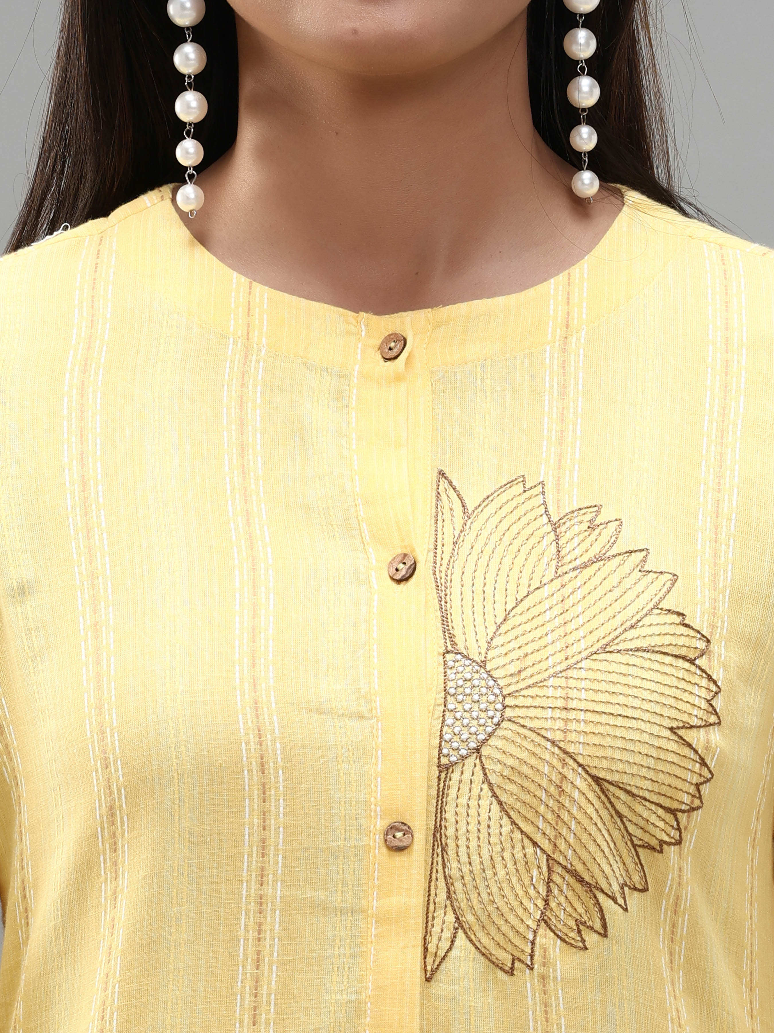 Pale Yellow Cotton Dobby Kurti With Embroidery