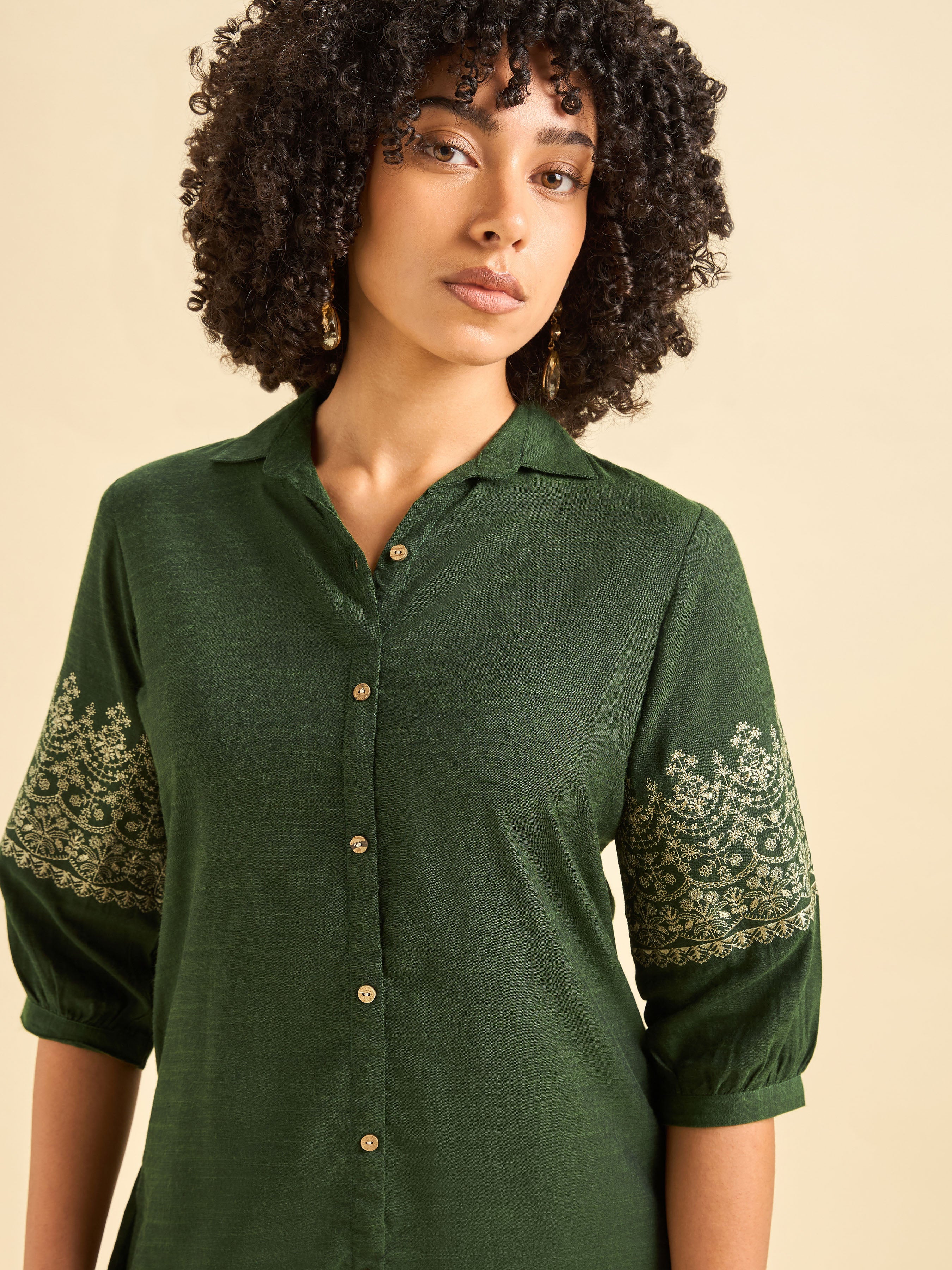Olive Green Cotton Viscose Kurti With Embroidery