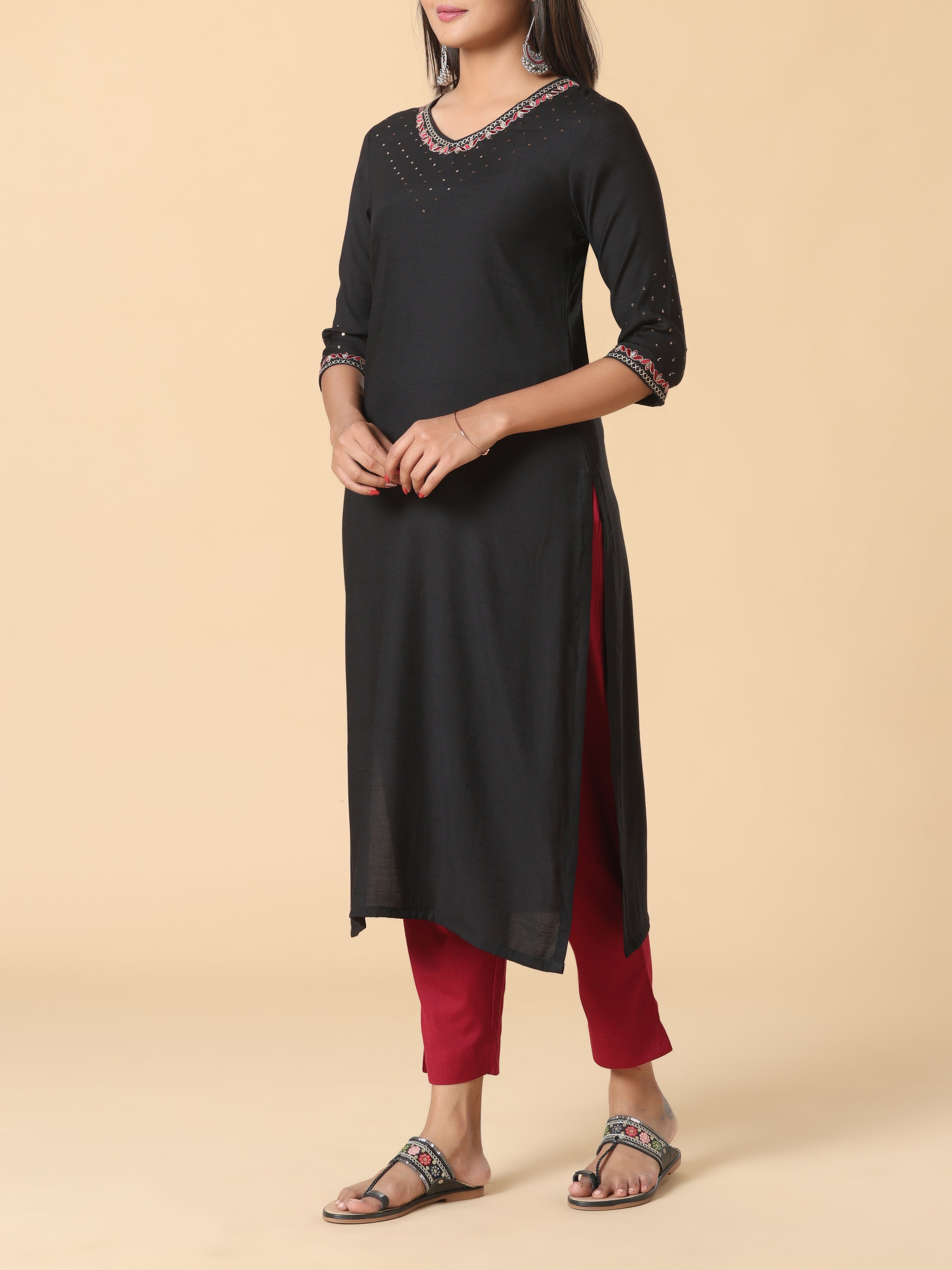 Black Viscose Plain Kurti With Embroidery