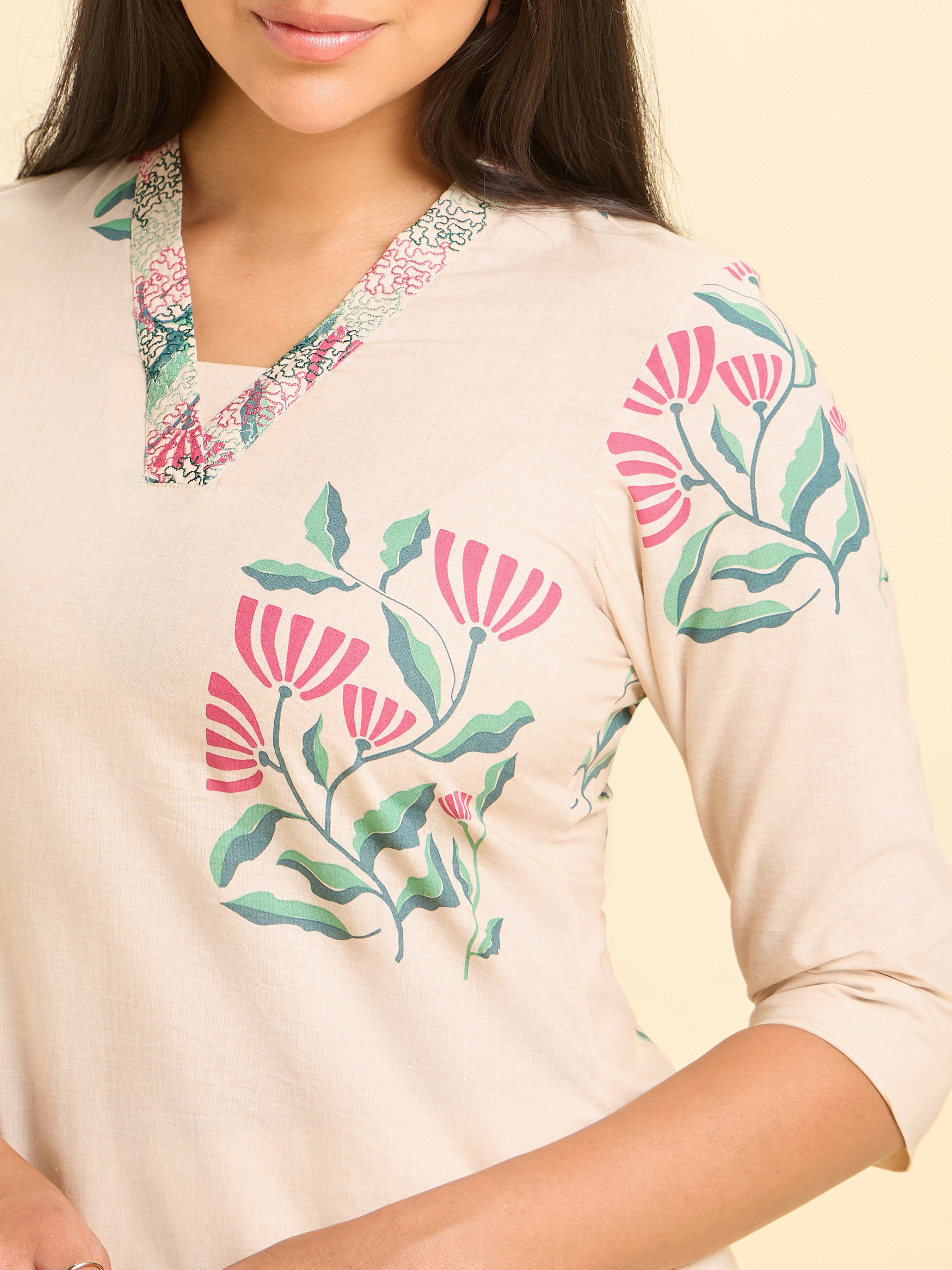 Pista Green Pure Cotton Placement Printed Kurti