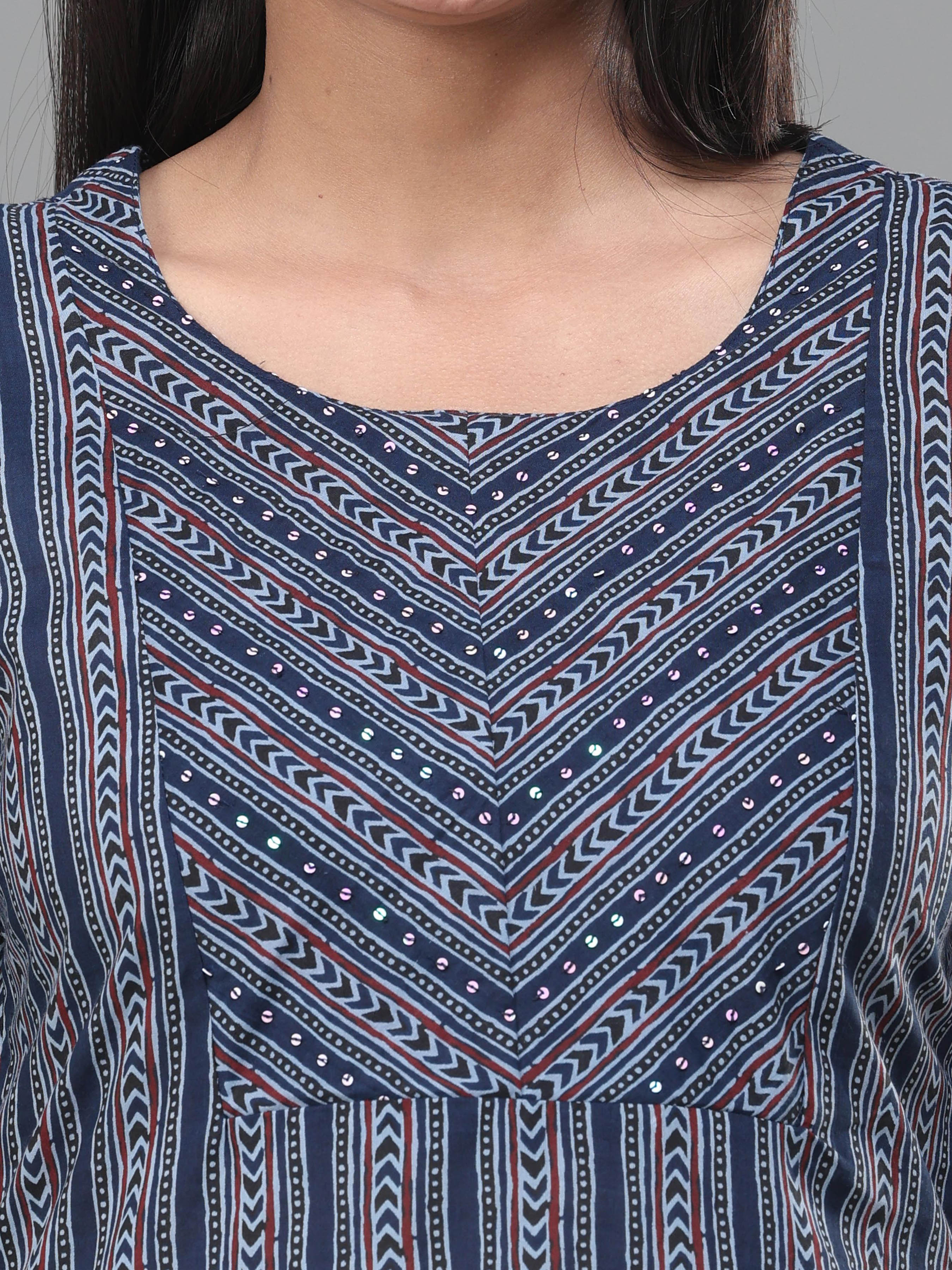 Navy Blue Pure Cotton Printed Kurti With Seequins Work