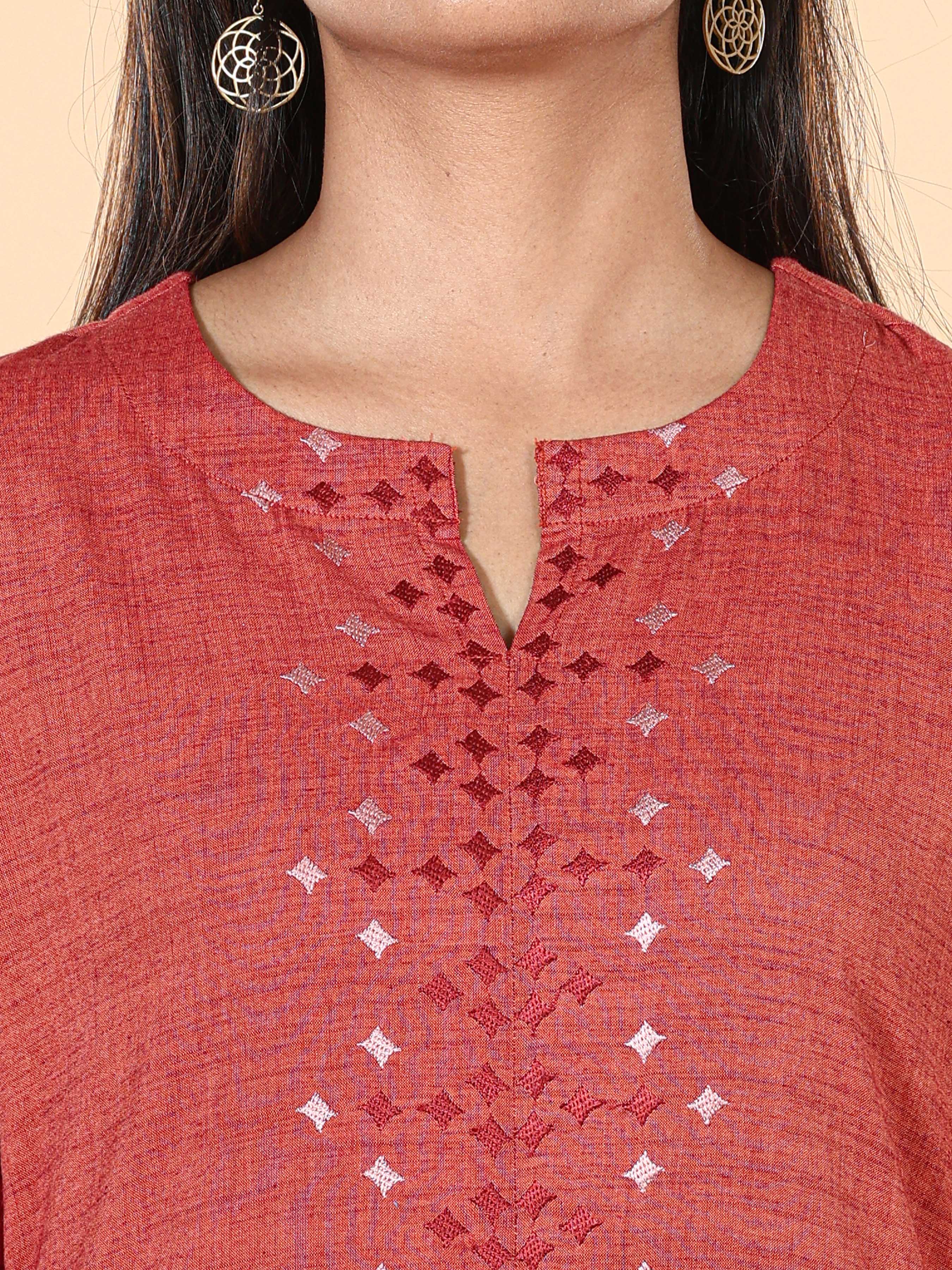 Brick Brown Viscose Kurti With Embroidery