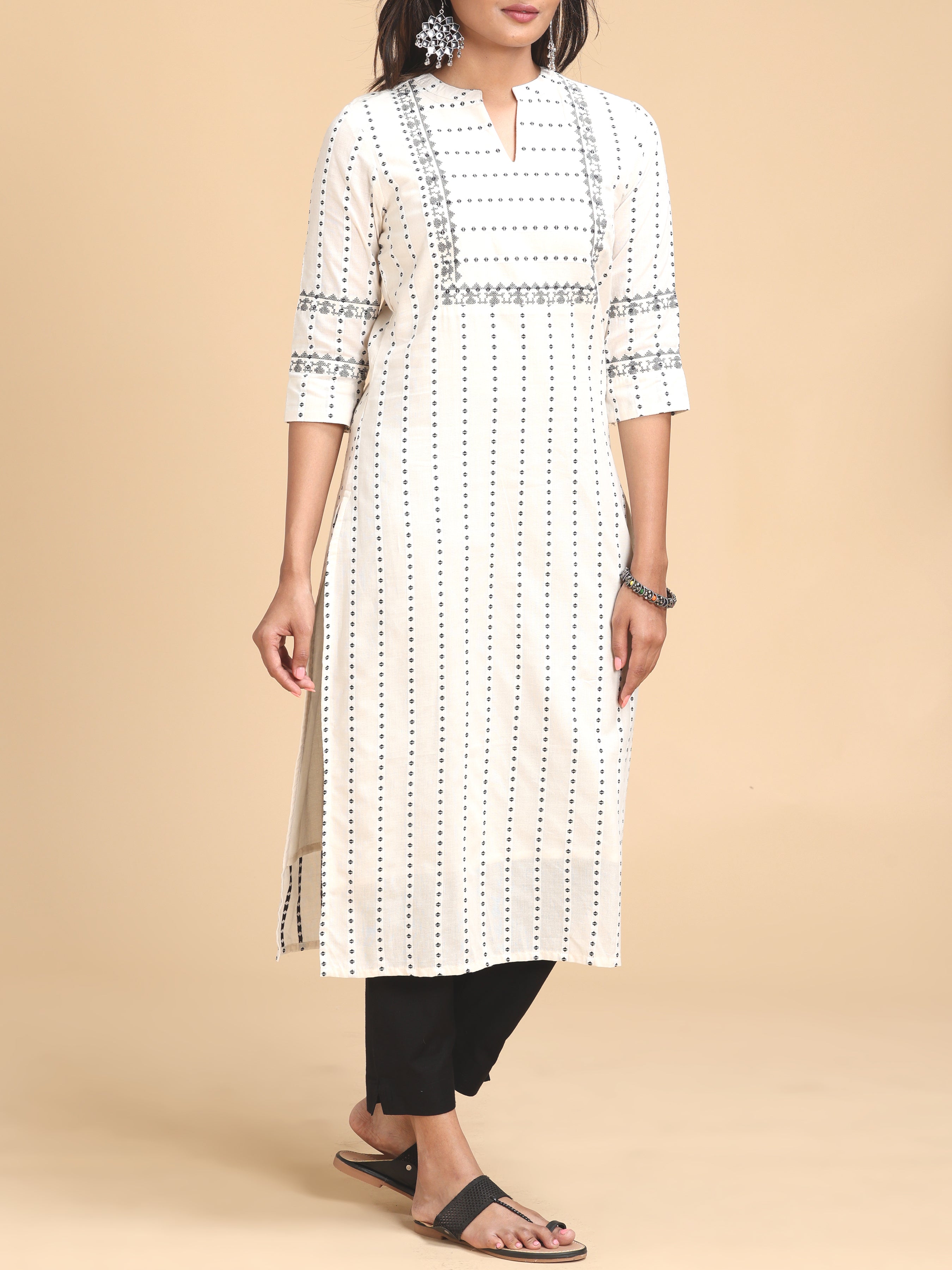 White Handloom Cotton Weaving Kurti With Embroidery