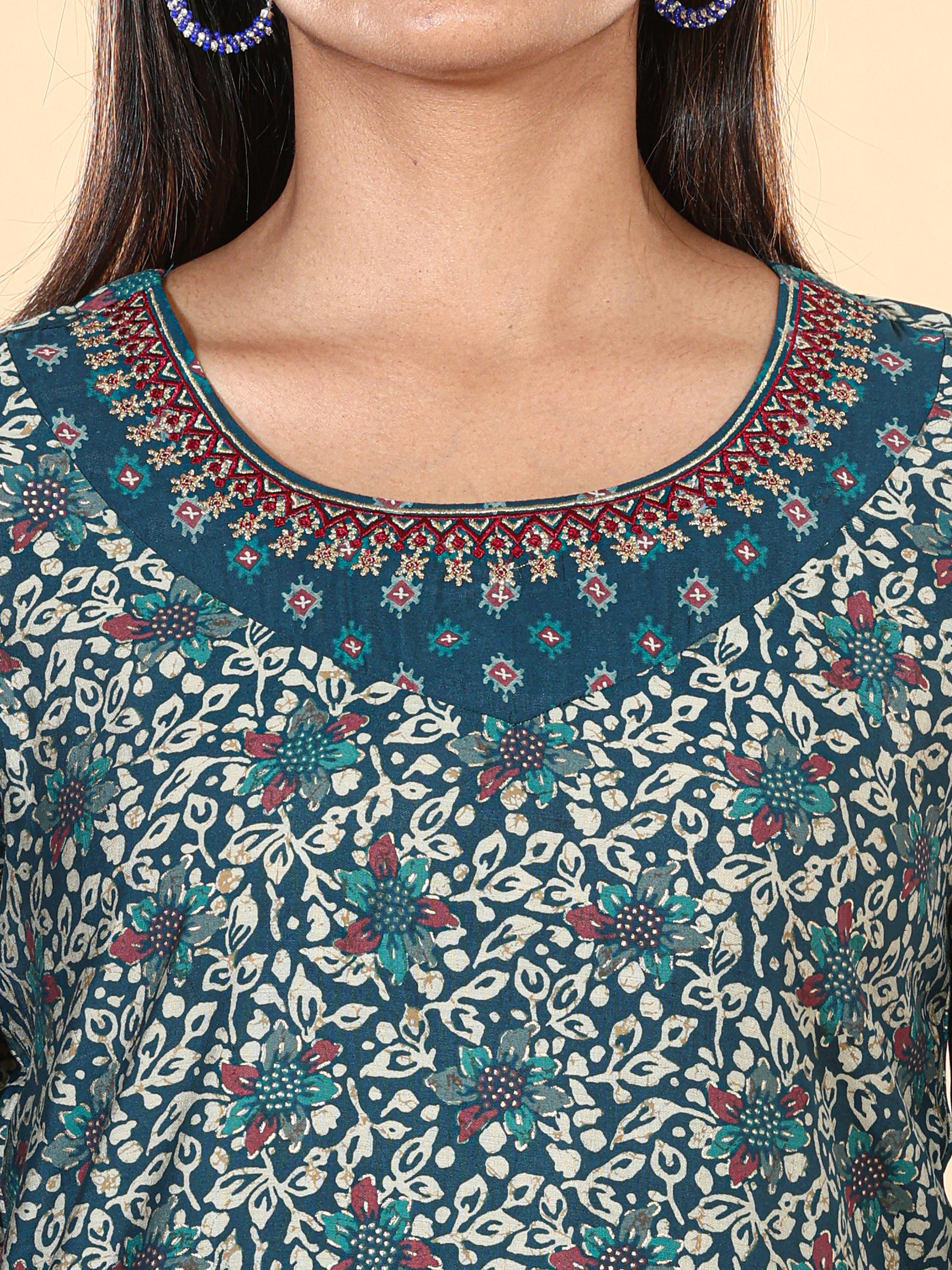 Teal Blue Modal Chanderi Printed Kurti With Embroidery