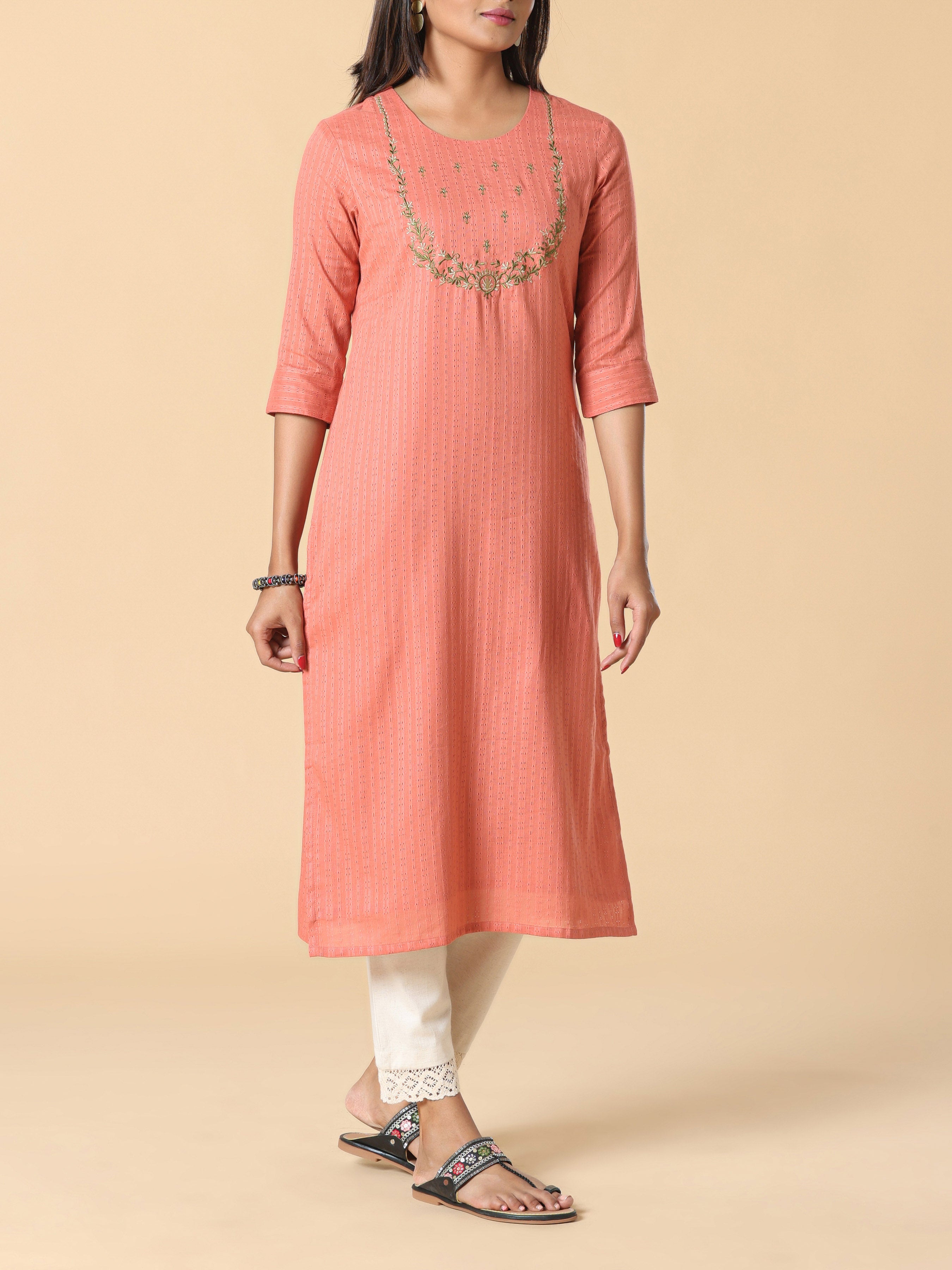 Brick Red Cotton Dobby Kurti With Embroidery