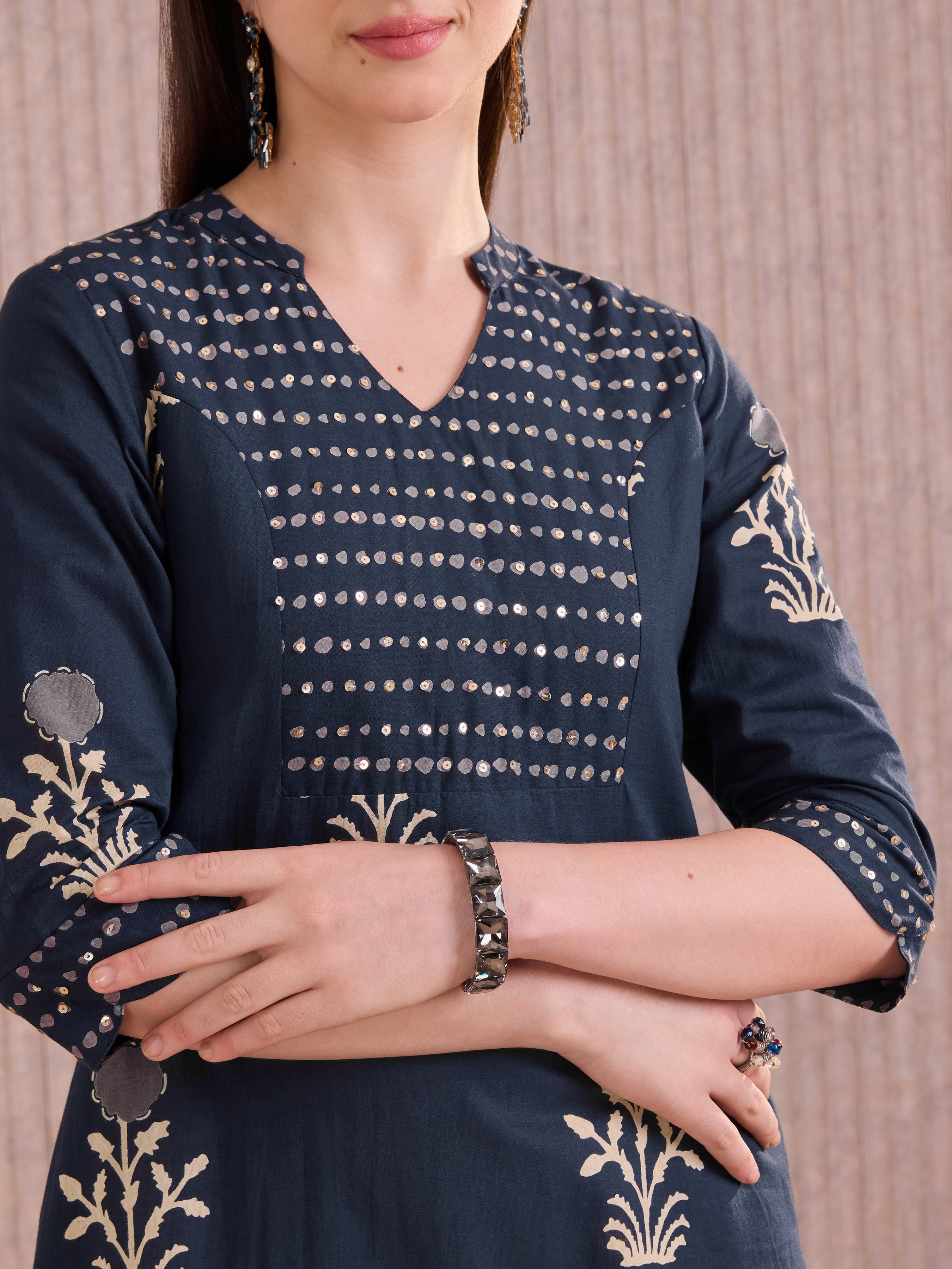 Navy Blue Pure Cotton Printed Kurti With Sequins Work