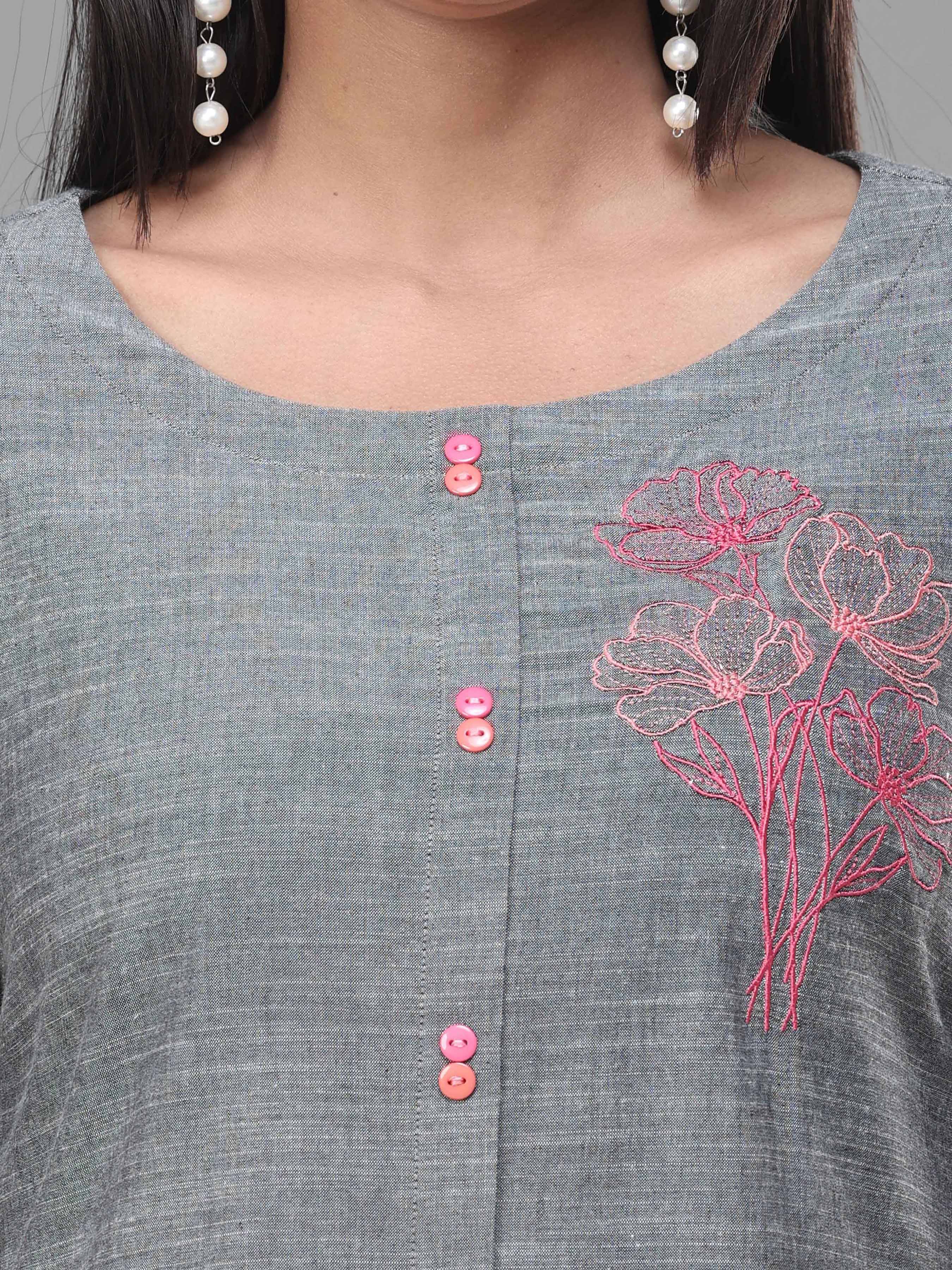 Grey Viscose Cotton Slub Kurti With Embroidery