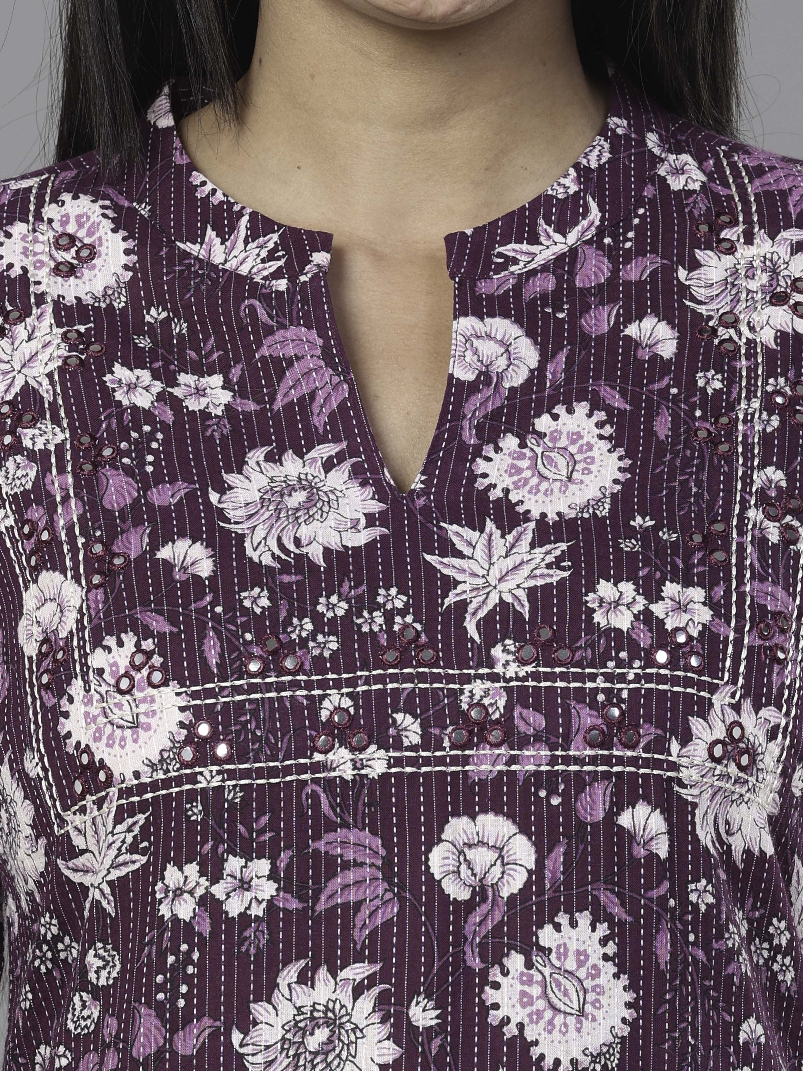 Purple Pure Cotton Printed Kurti With Embroidery
