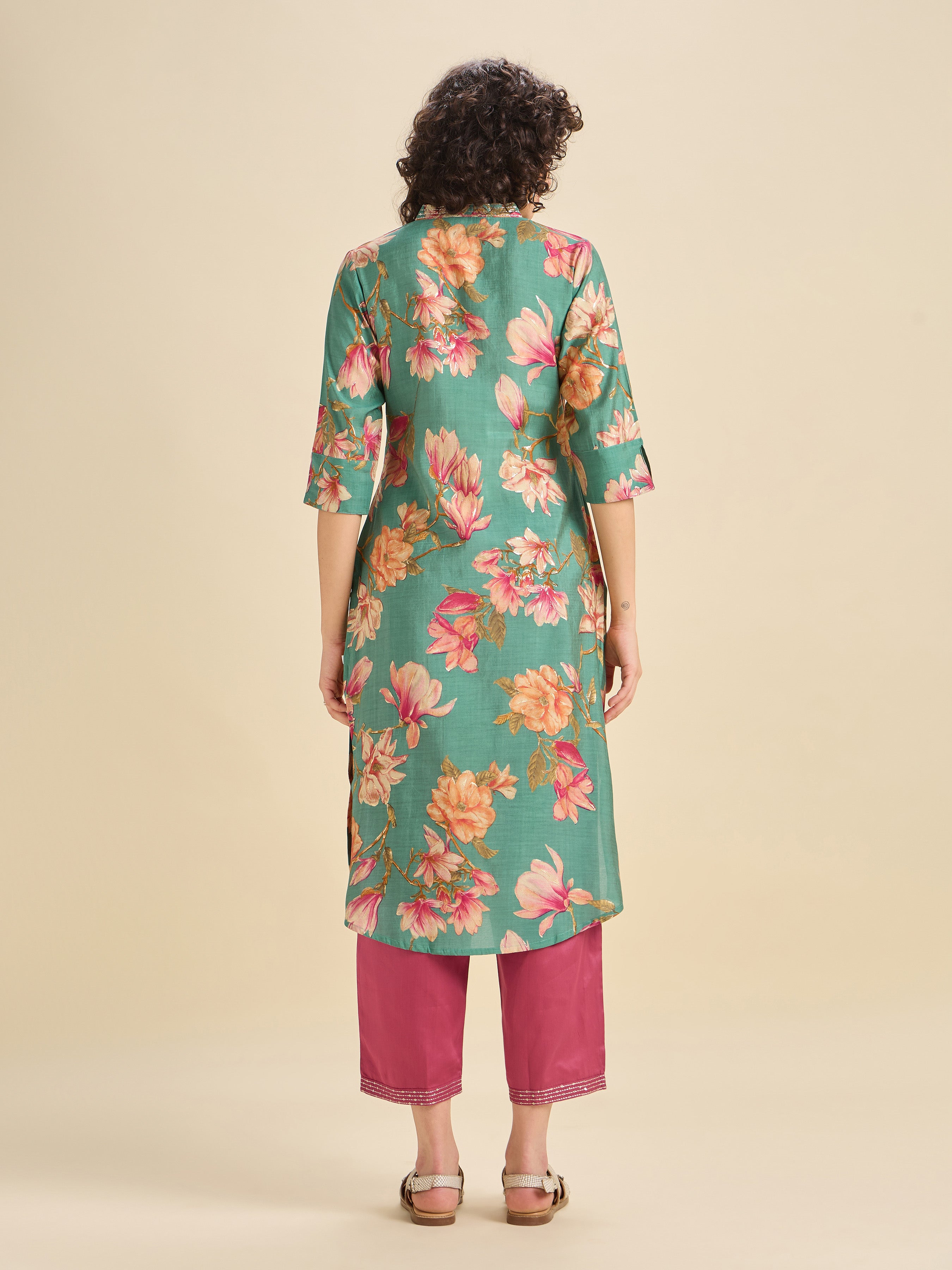 Aqua Blue Modal Chanderi Slited Printed Kurti Set With Embroidery&Liberty Cut