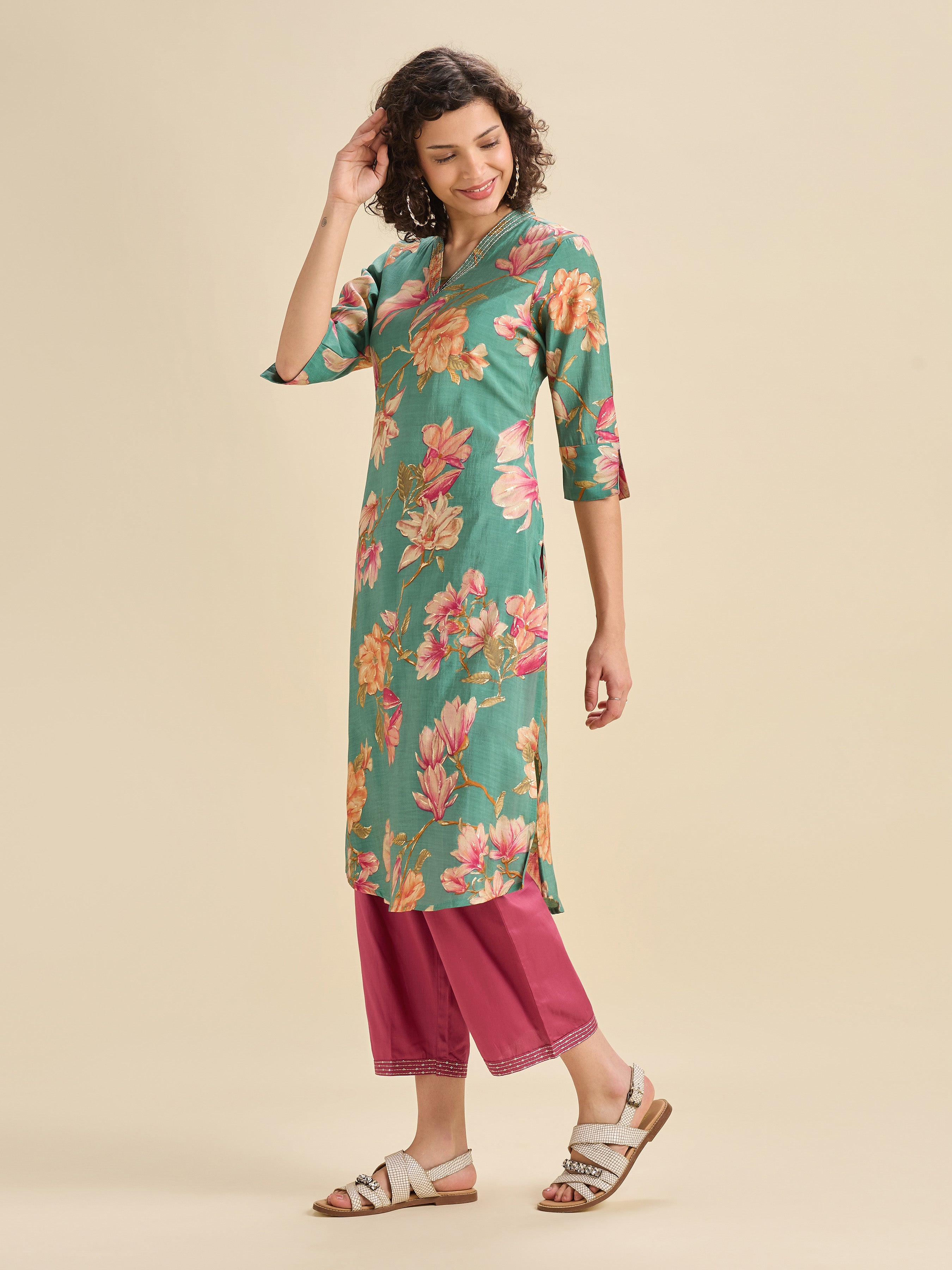 Aqua Blue Modal Chanderi Slited Printed Kurti Set With Embroidery&Liberty Cut