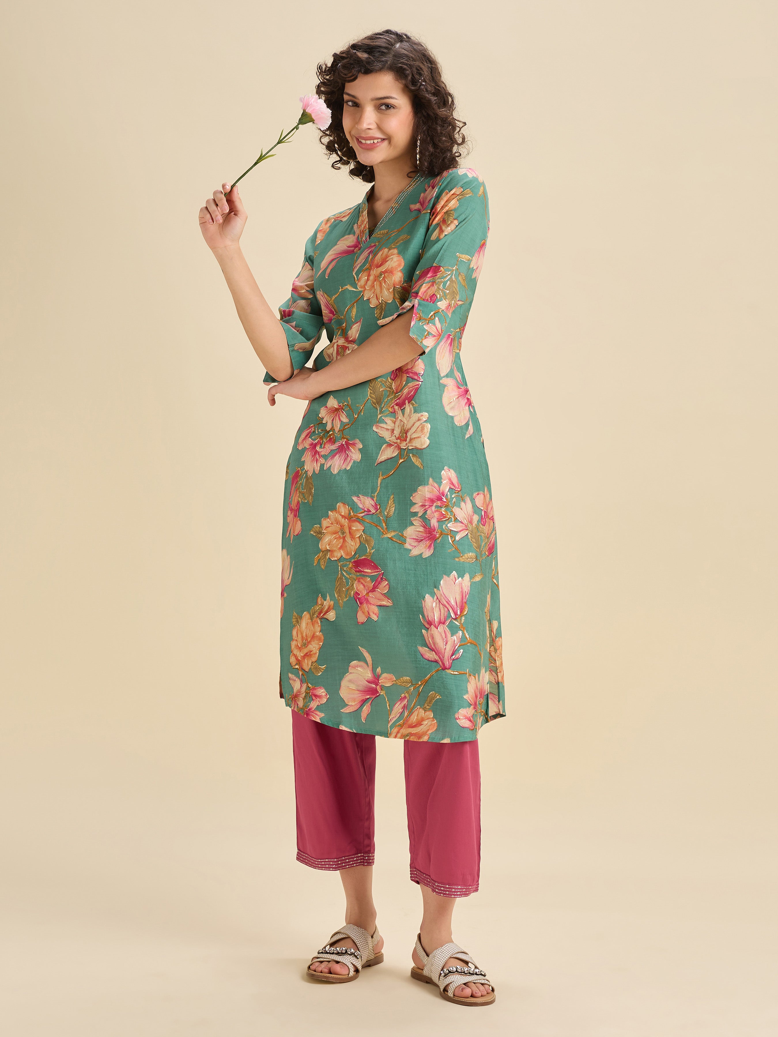 Aqua Blue Modal Chanderi Slited Printed Kurti Set With Embroidery&Liberty Cut