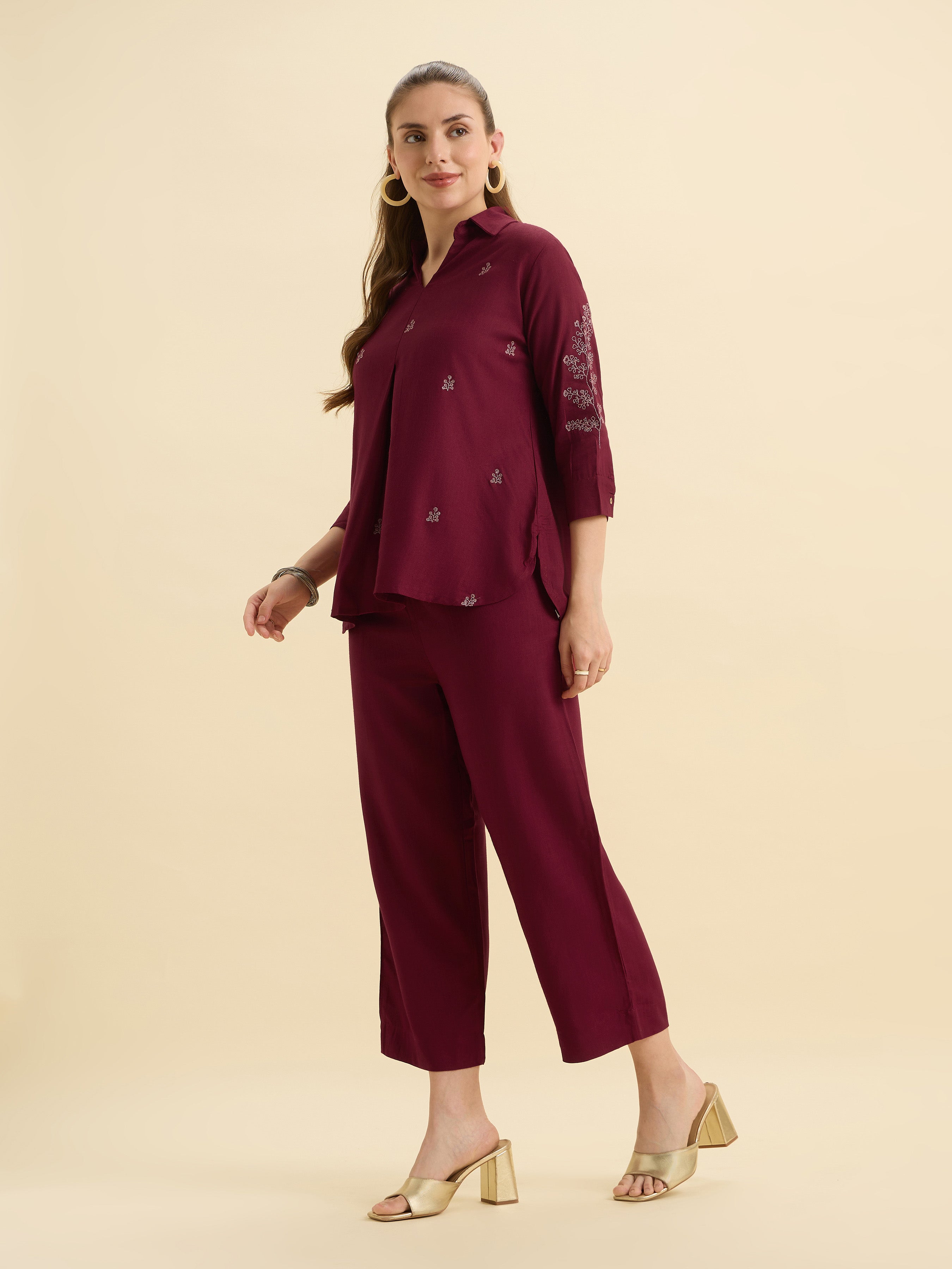 Maroon Viscose Linen Plain Tunic Set With Embroidery And Box Pleat