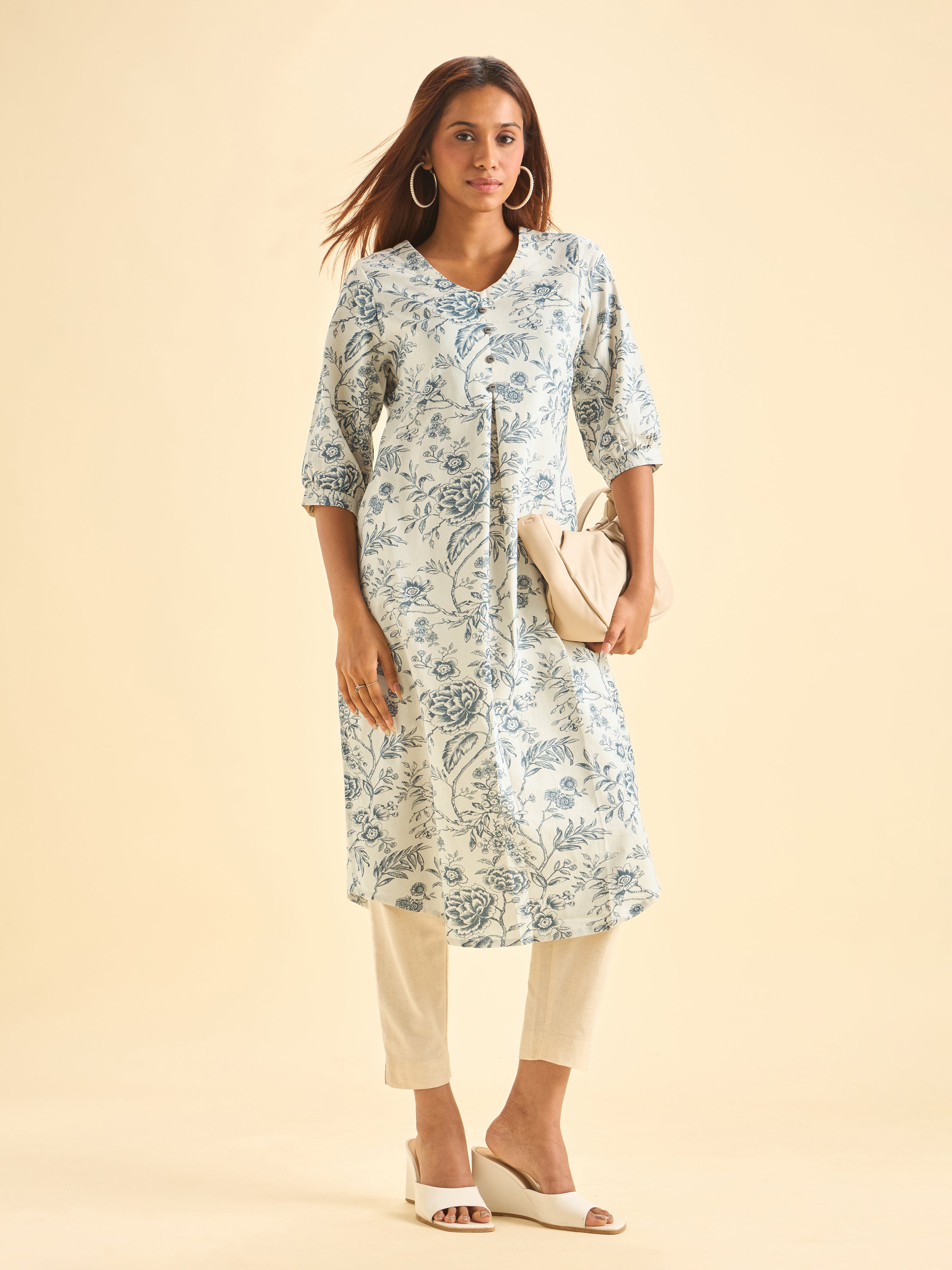 Ivory And Blue Cotton Flax Printed Kurti