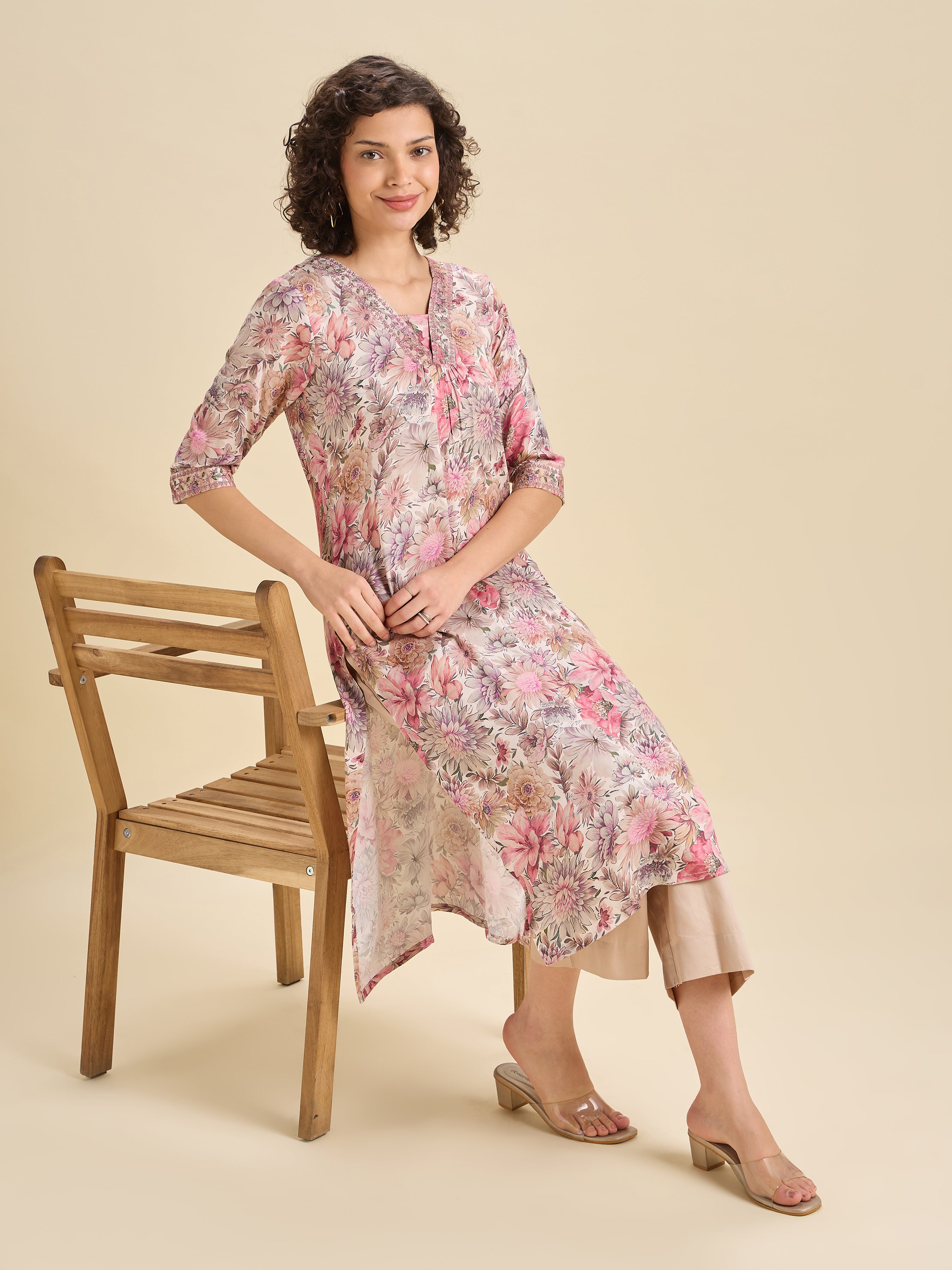 Ivory Multi Colour Modal Satin Printed Kurti With Embroidery