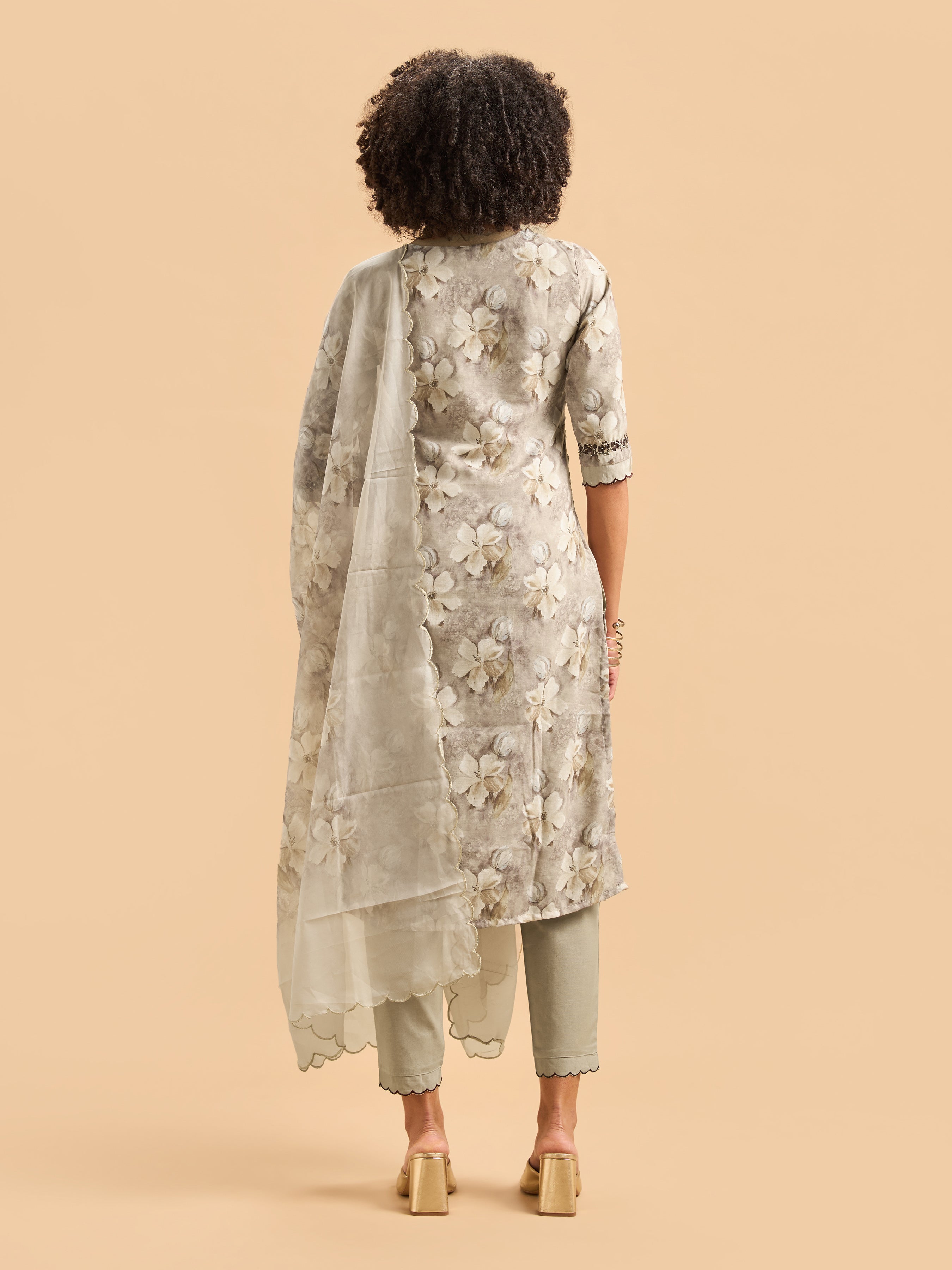 Multi Colour Cotton Schiffely Printed Kurti set & Dupatta With Hand Work