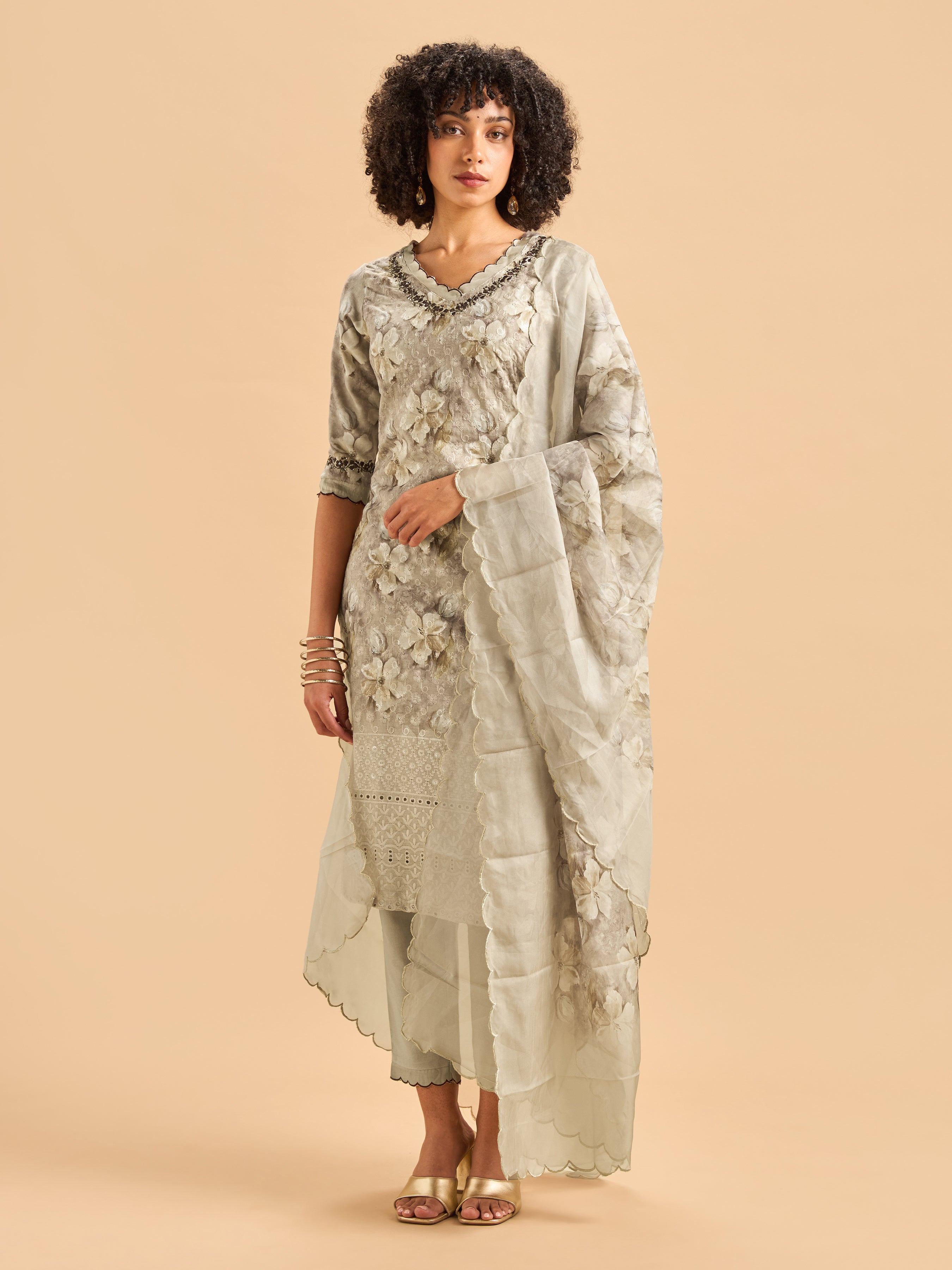 Multi Colour Cotton Schiffely Printed Kurti set & Dupatta With Hand Work