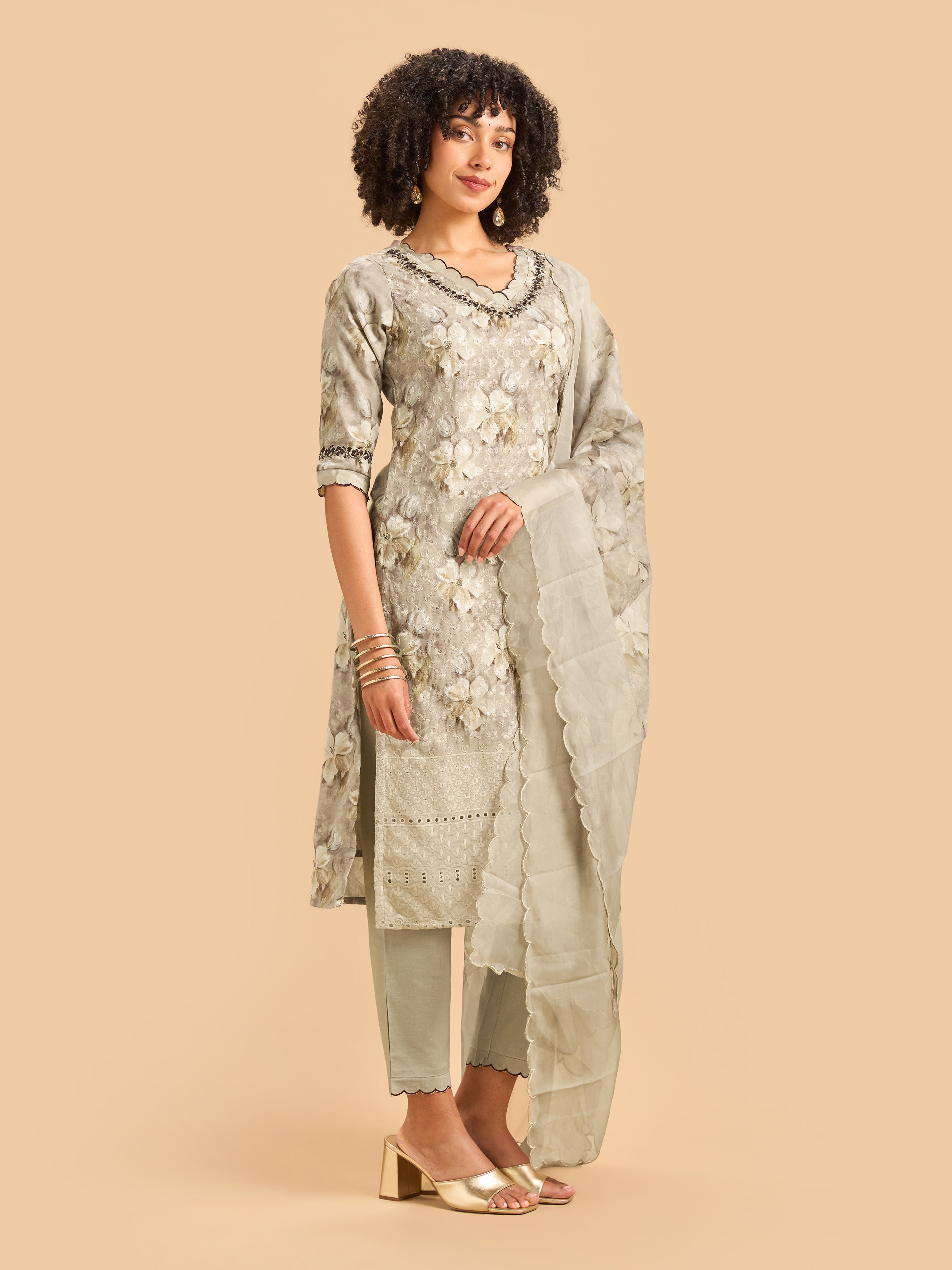 Multi Colour Cotton Schiffely Printed Kurti set & Dupatta With Hand Work