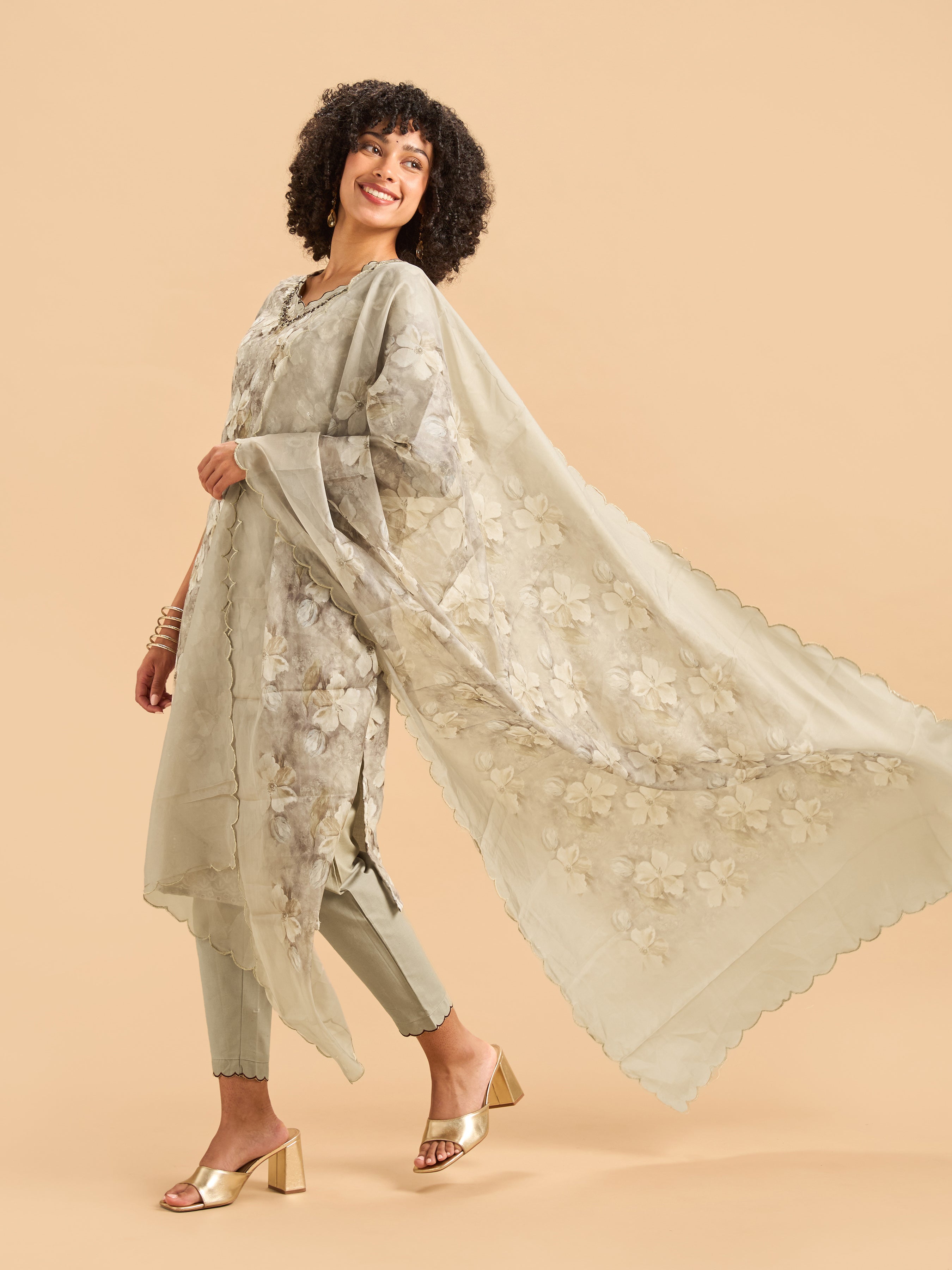 Multi Colour Cotton Schiffely Printed Kurti set & Dupatta With Hand Work