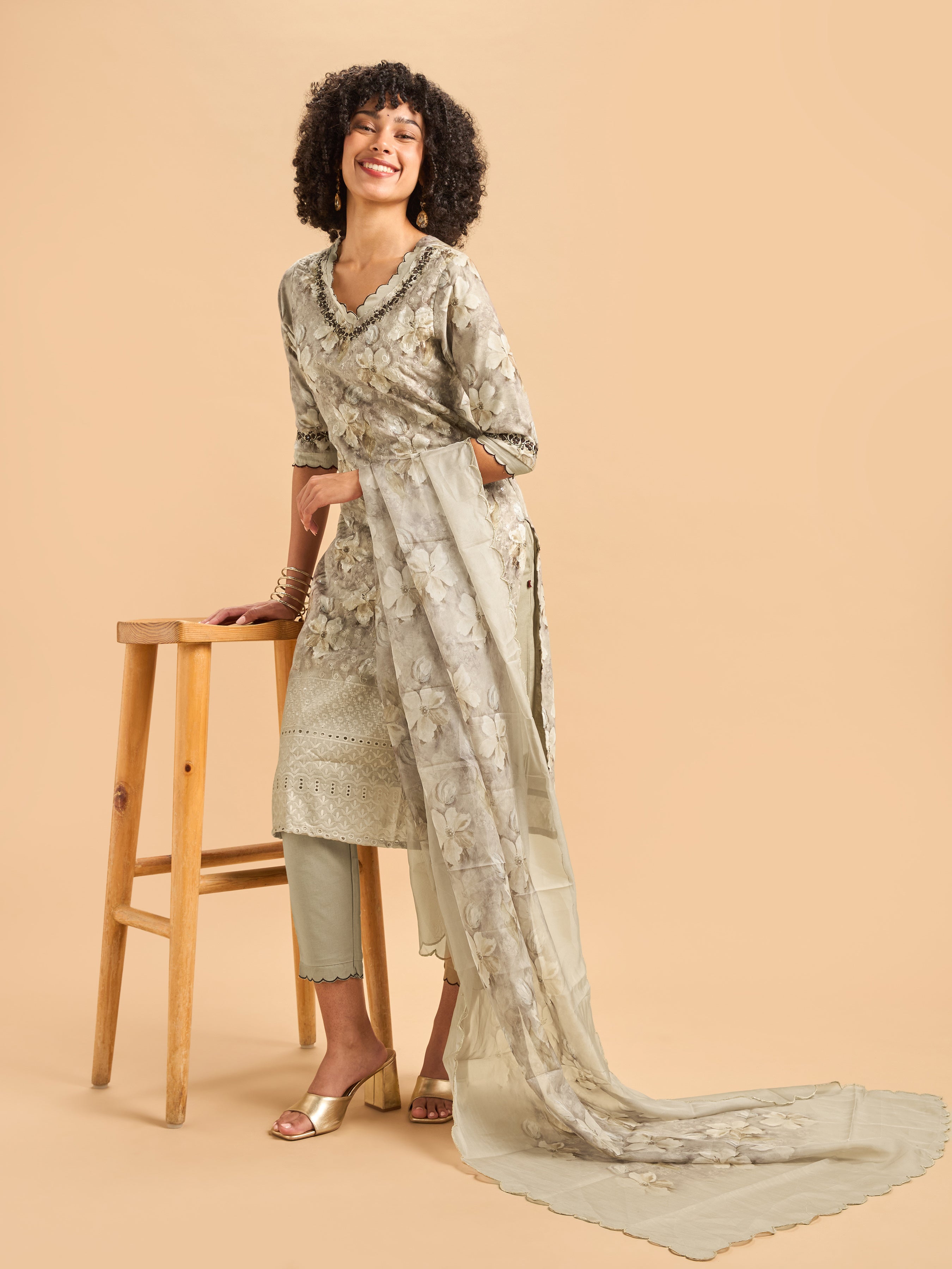 Multi Colour Cotton Schiffely Printed Kurti set & Dupatta With Hand Work