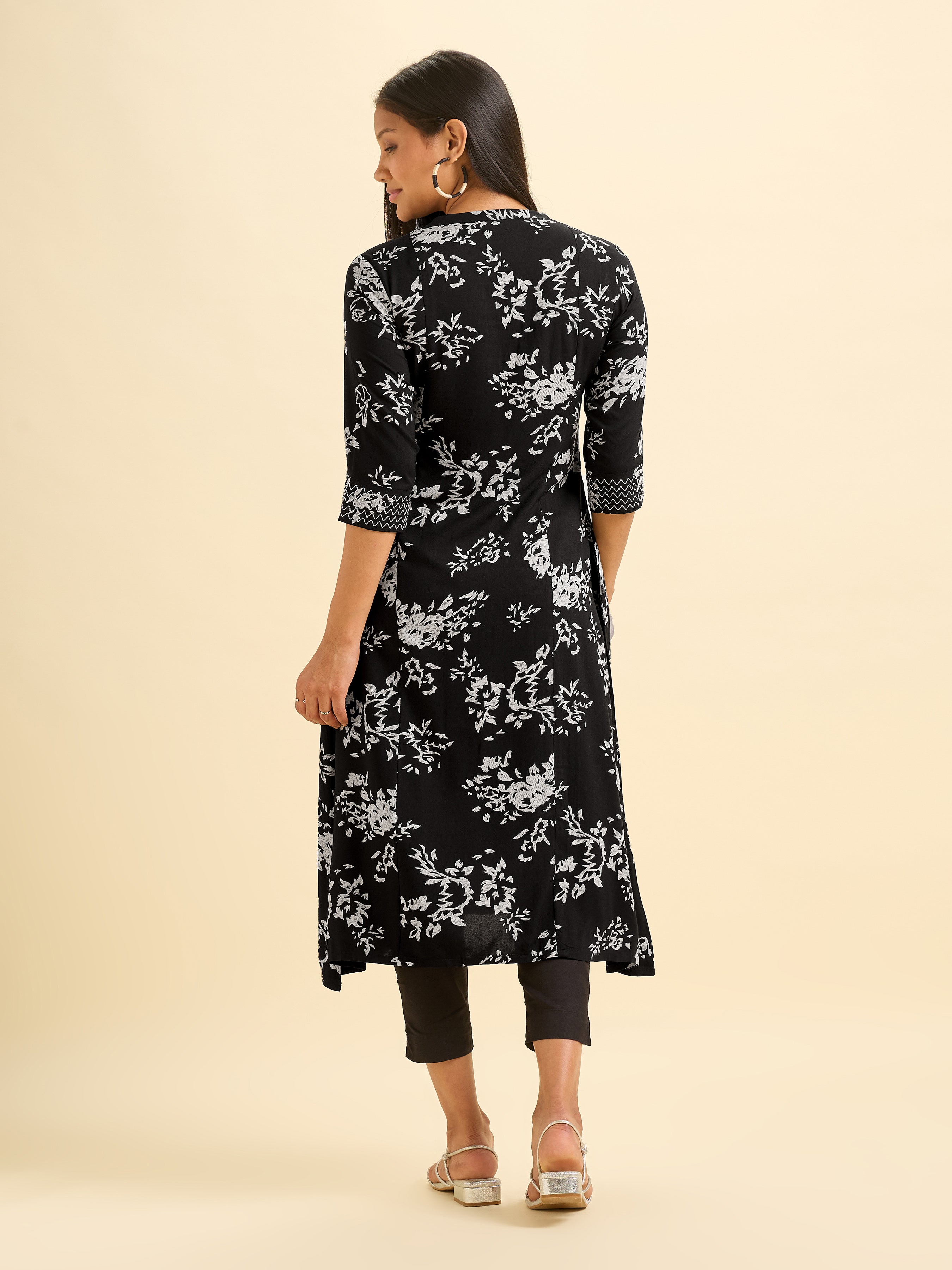 Black And Ivory Viscose Printed Flared Kurti With Smocking Embroidery