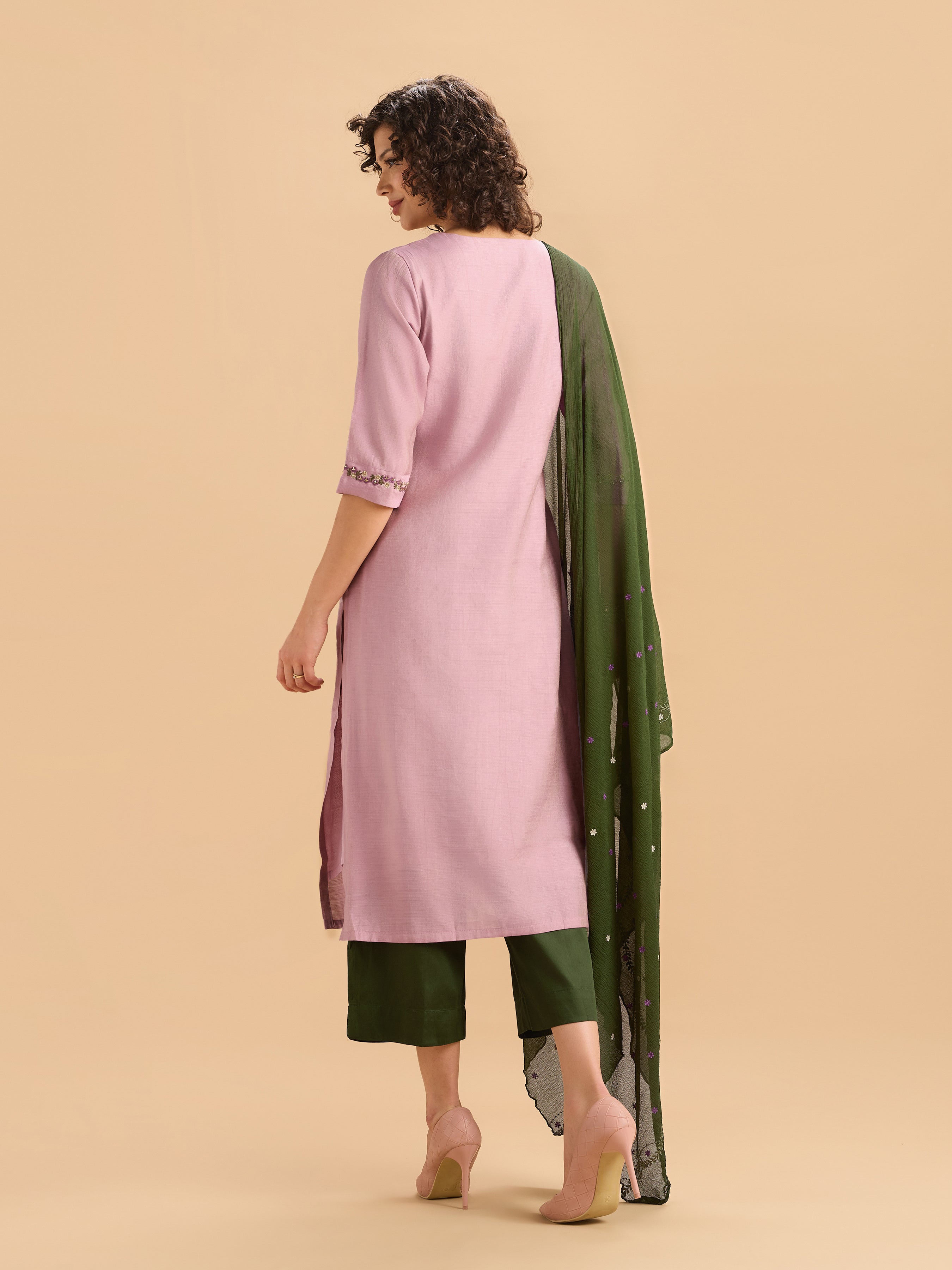 Onion Pink Viscose Blend Kurti Set With Dupatta And Hand Work Embroidery