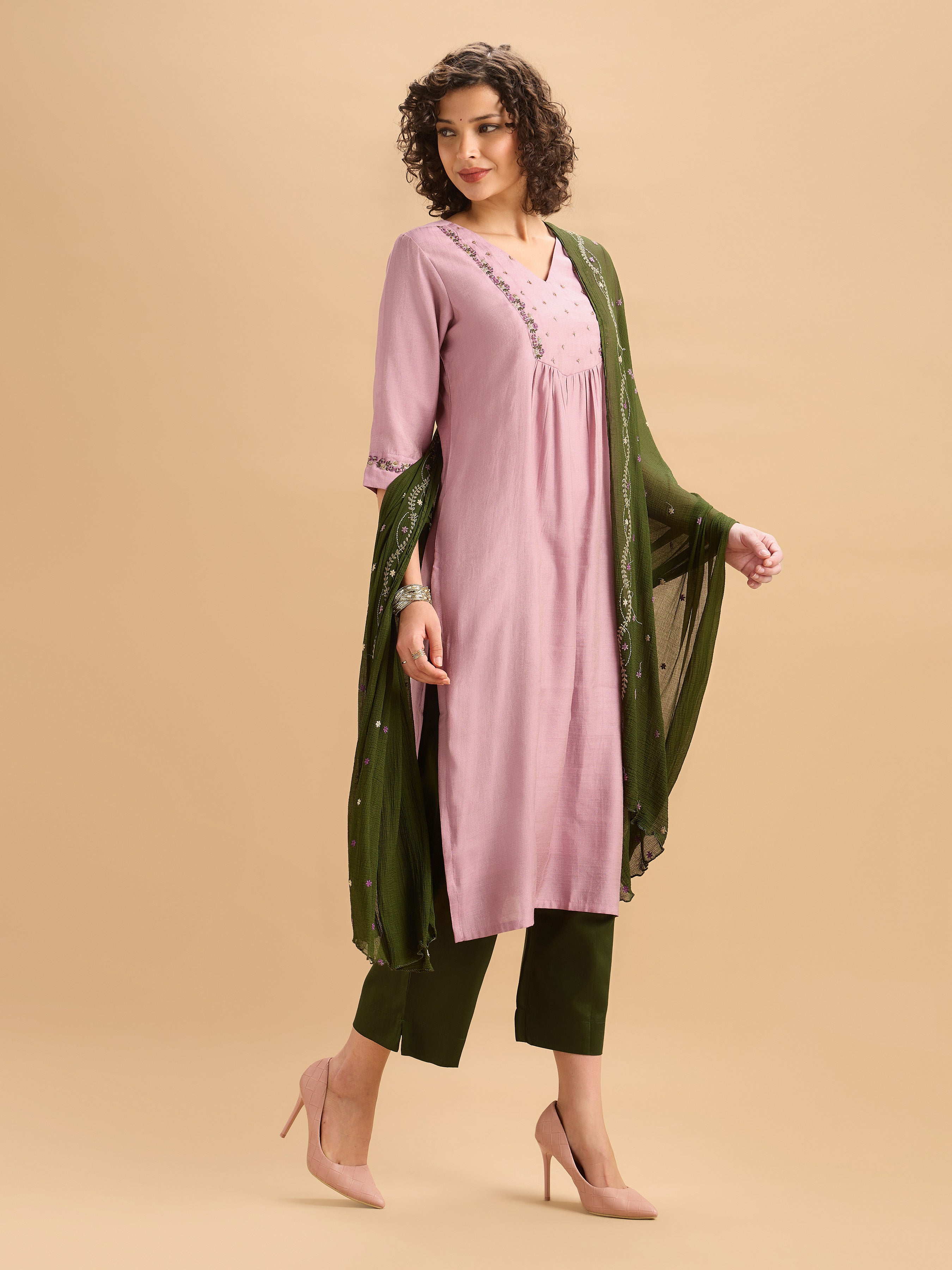 Onion Pink Viscose Blend Kurti Set With Dupatta And Hand Work Embroidery