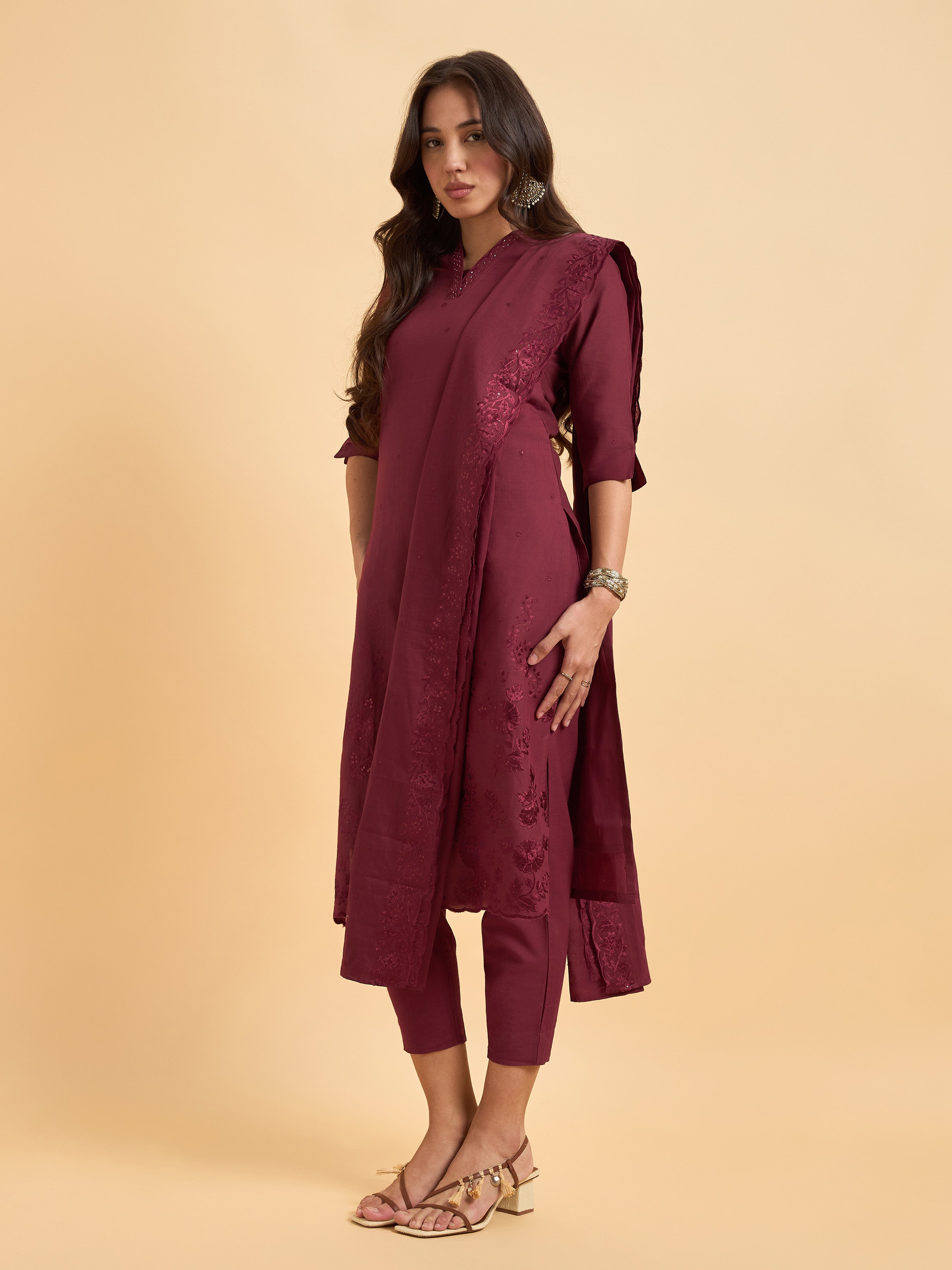 Maroon Pure Cotton Kurti Set With Dupatta And Hand Work Embroidery
